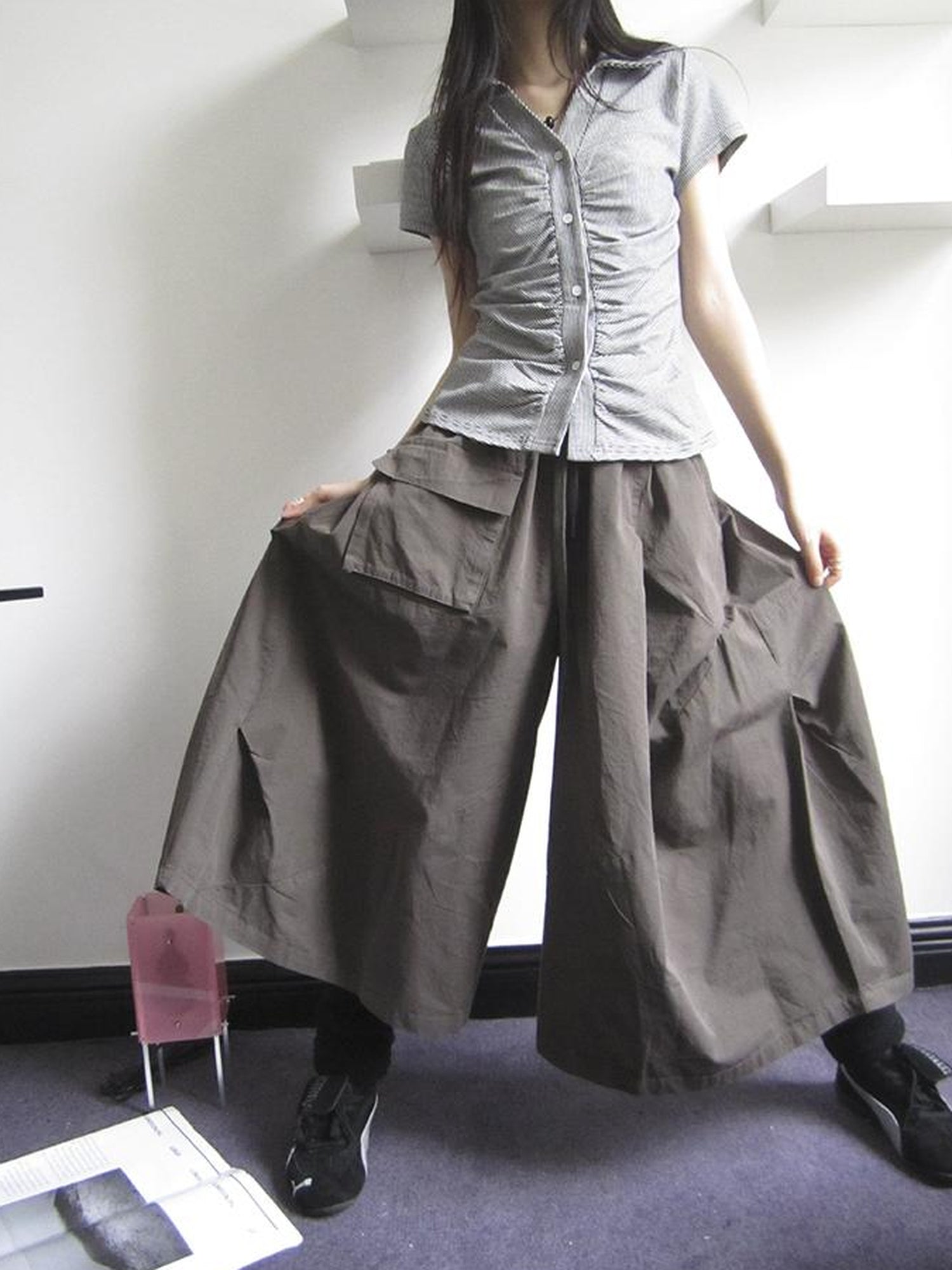 ang project Vintage Solid Multi Pleat Pocket Cargo Pants With Elastic Waist