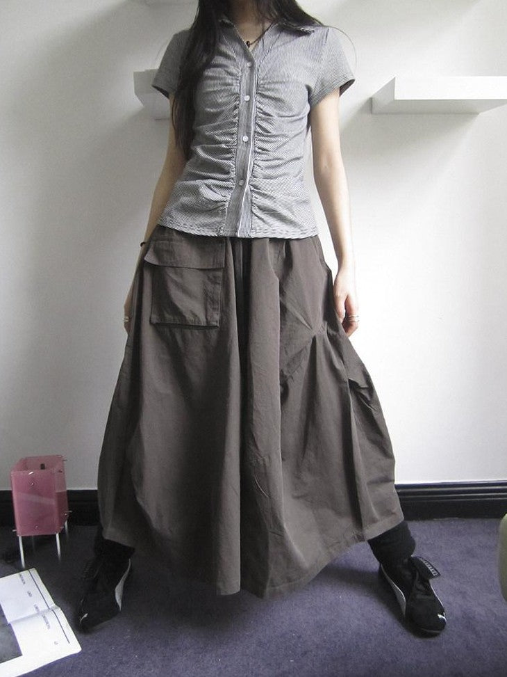 ang project Vintage Solid Pleated Multi Pocket Wide Leg Women&