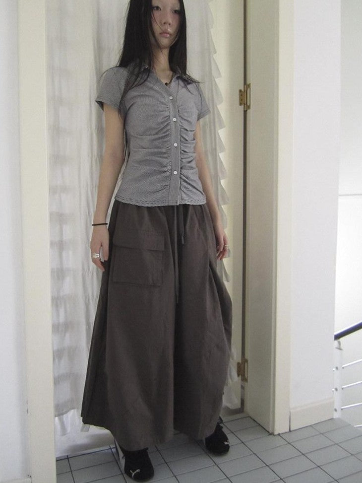 ang project Vintage Solid Pleated Multi Pocket Wide Leg Women&