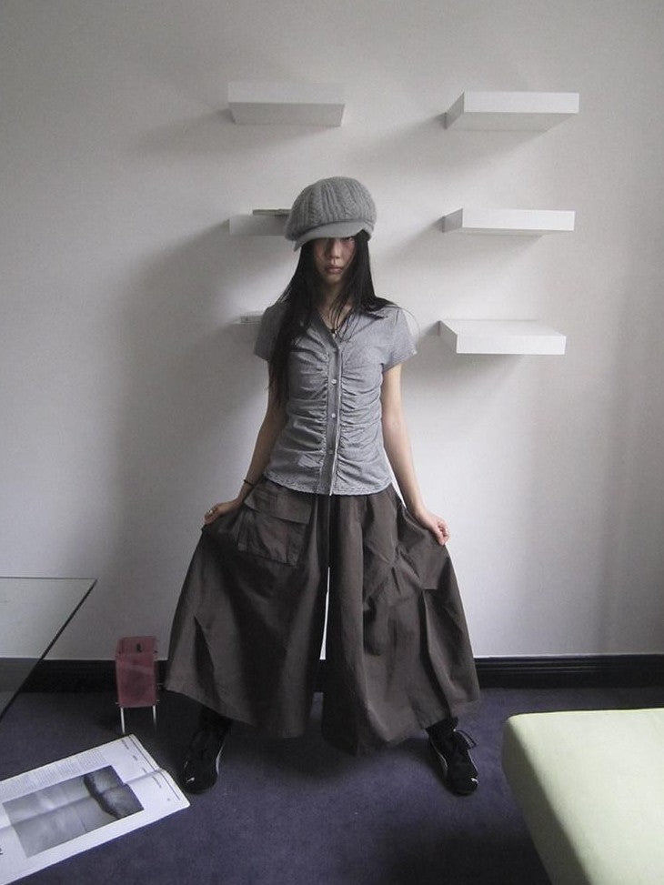 ang project Vintage Solid Pleated Multi Pocket Wide Leg Women&