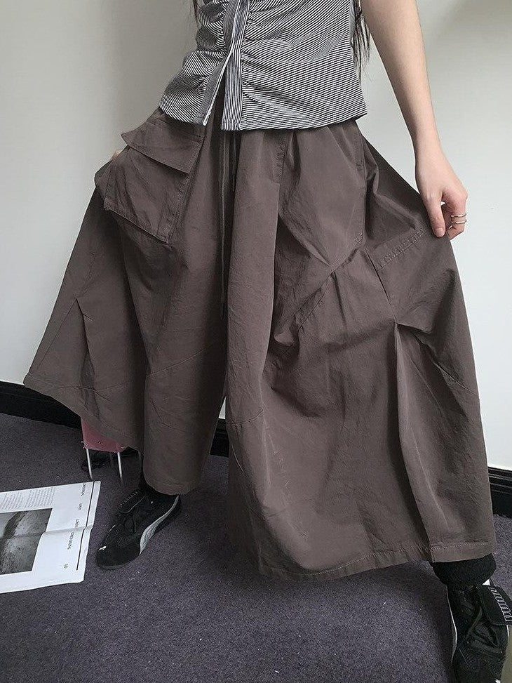 ang project Vintage Solid Pleated Multi Pocket Wide Leg Women&