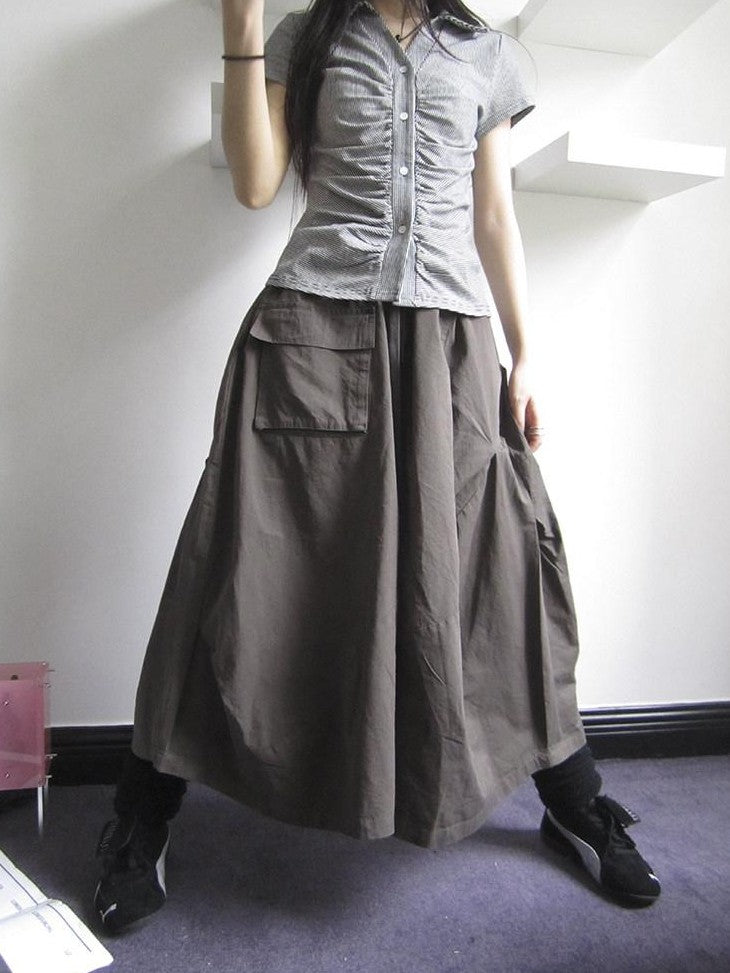 ang project Vintage Solid Pleated Multi Pocket Wide Leg Women&