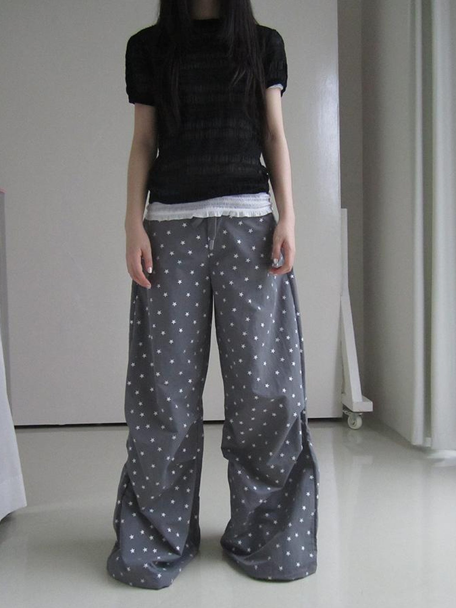 ang project Vintage Star Print Drawstring Waist Wide Leg Pants