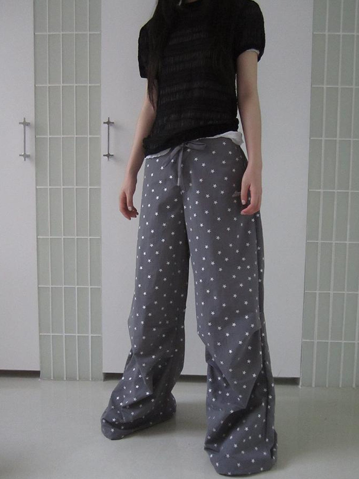 ang project Vintage Star Print Drawstring Waist Wide Leg Pants