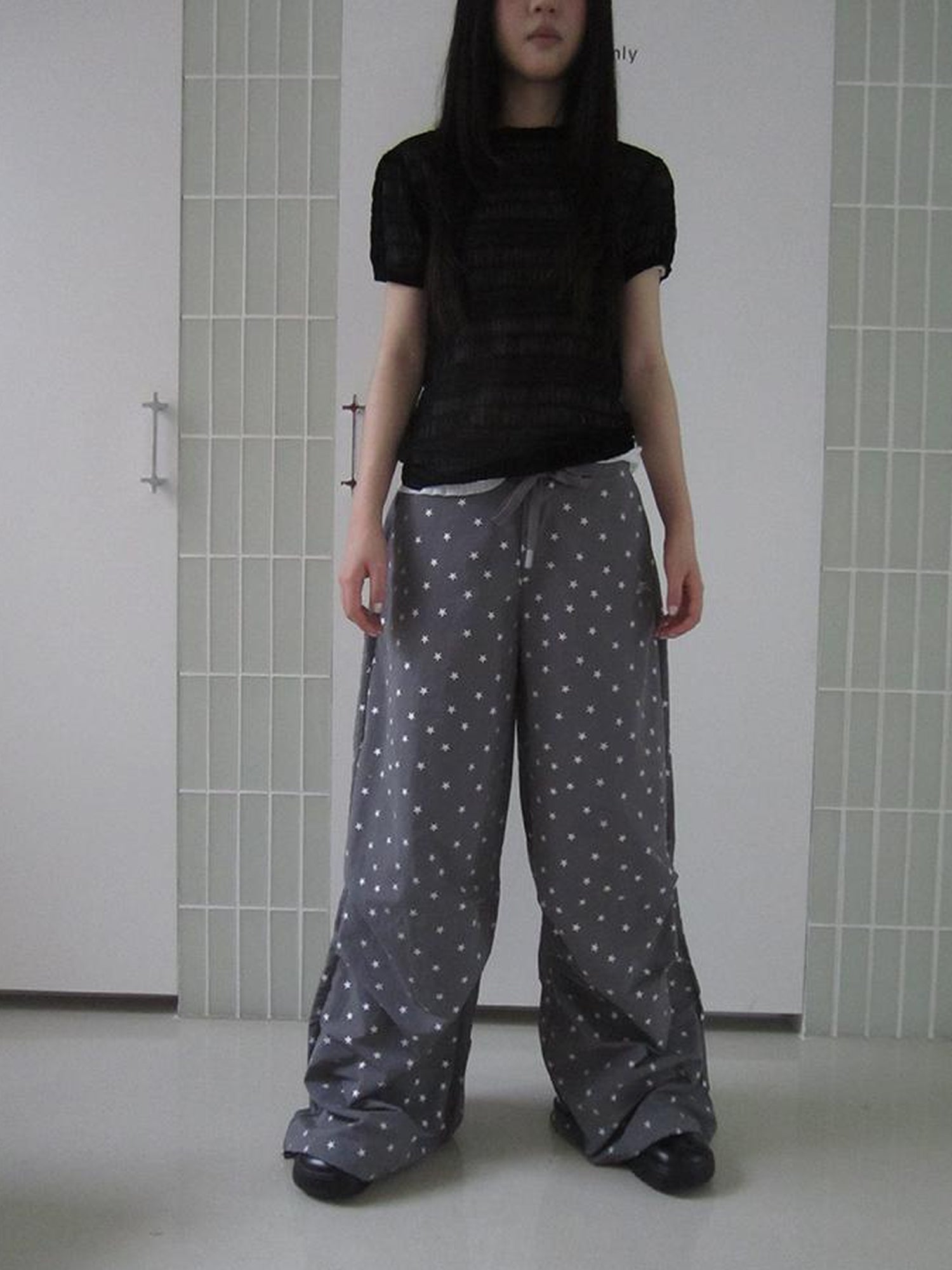 ang project Vintage Star Print Drawstring Waist Wide Leg Pants