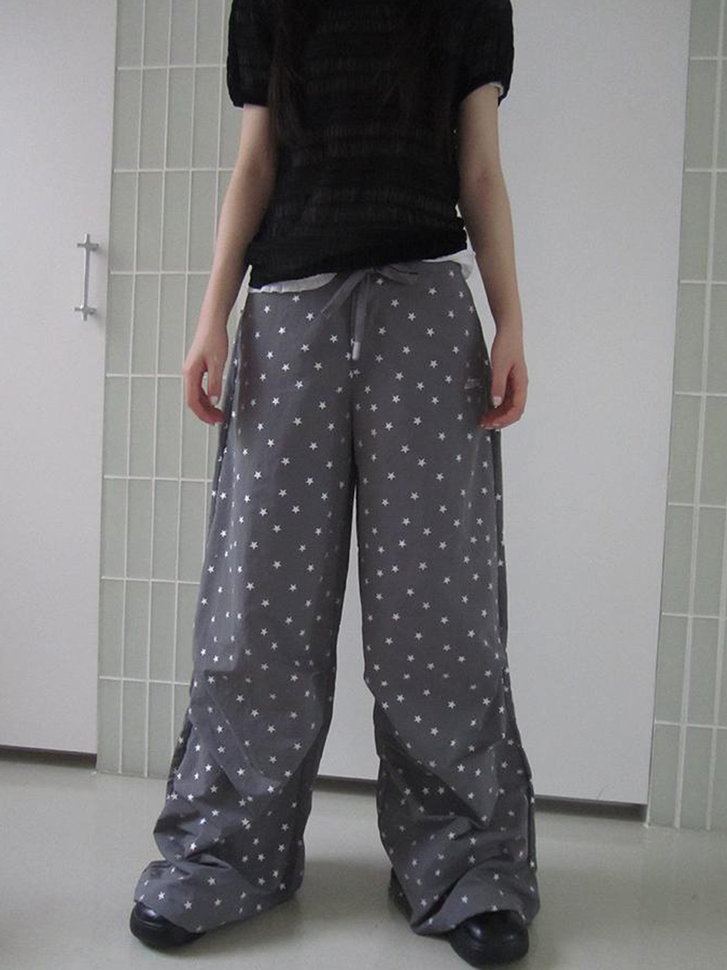 ang project Vintage Star Print Drawstring Waist Wide Leg Pants