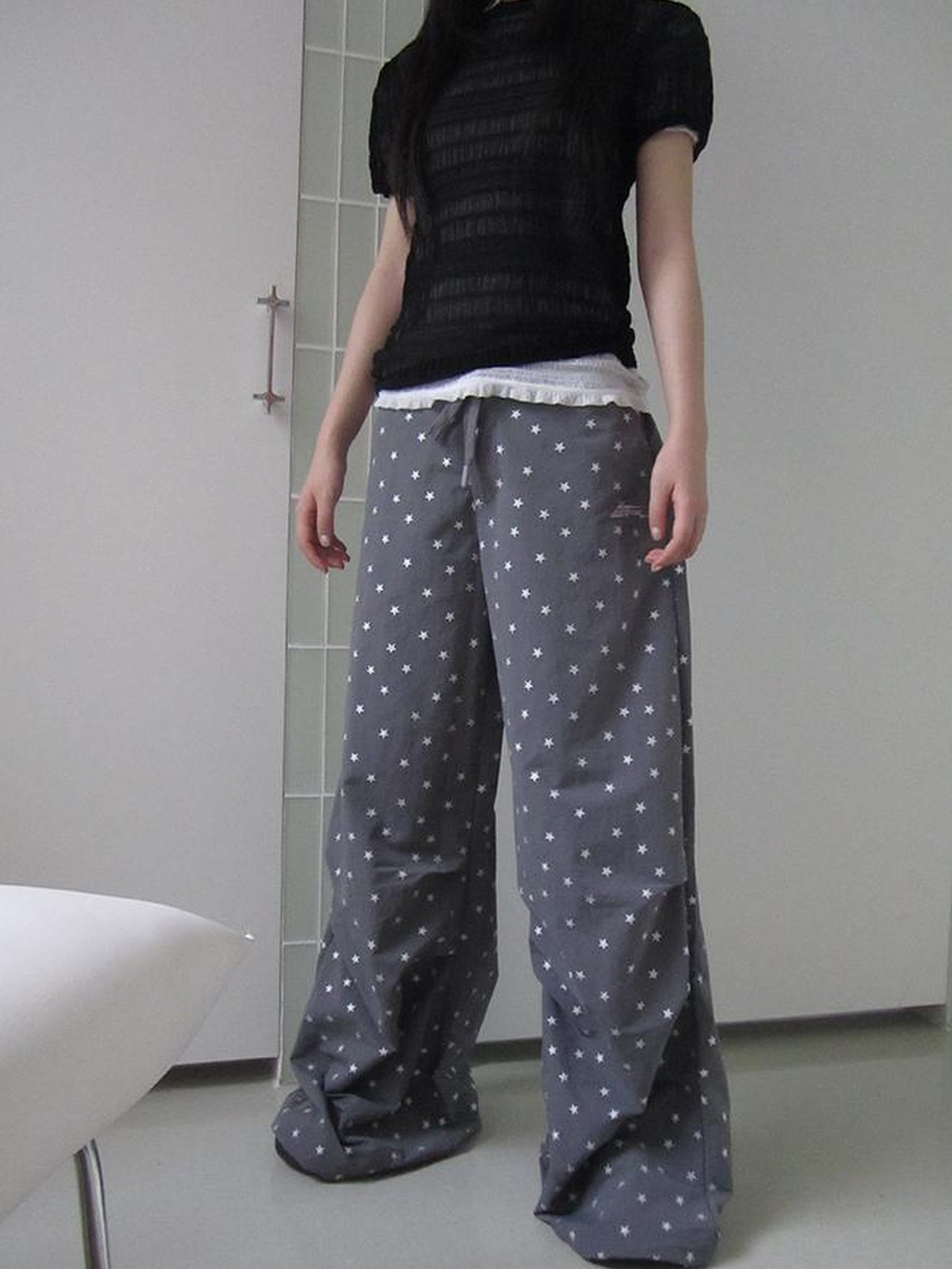 ang project Vintage Star Print Drawstring Waist Wide Leg Pants