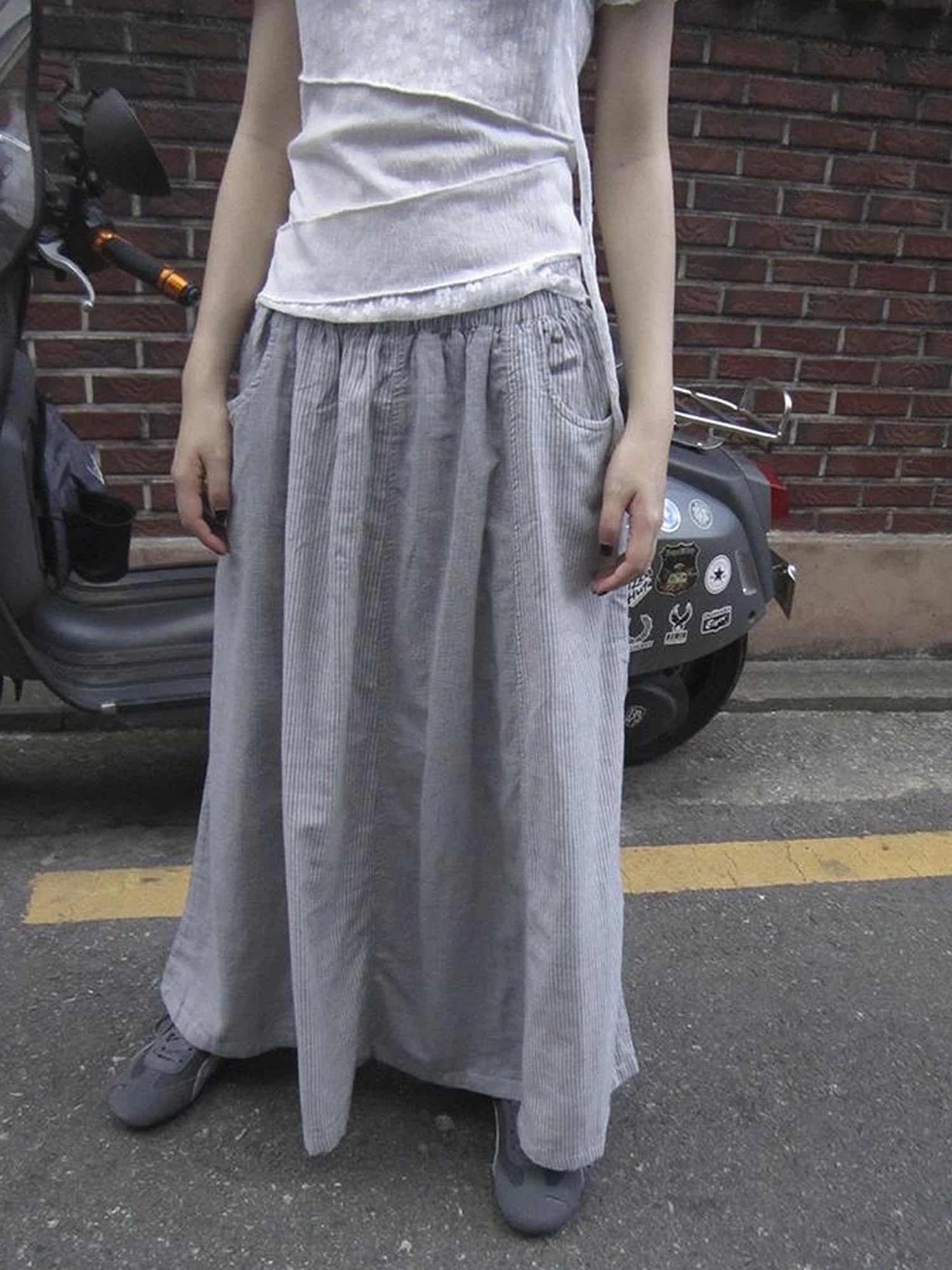 Vintage Stripe Plaid A Line Skirt with Elastic Waist