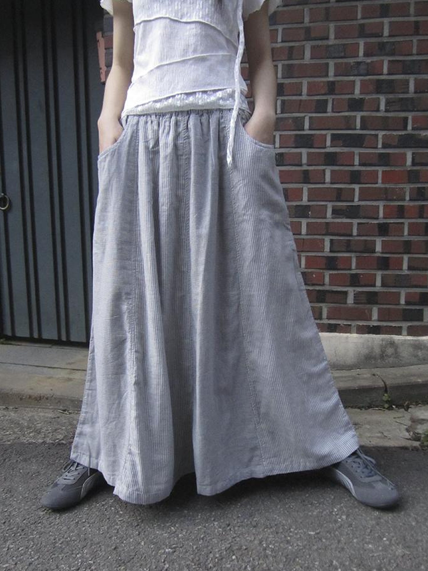 ang project Vintage Stripe Plaid A Line Skirt with Elastic Waist