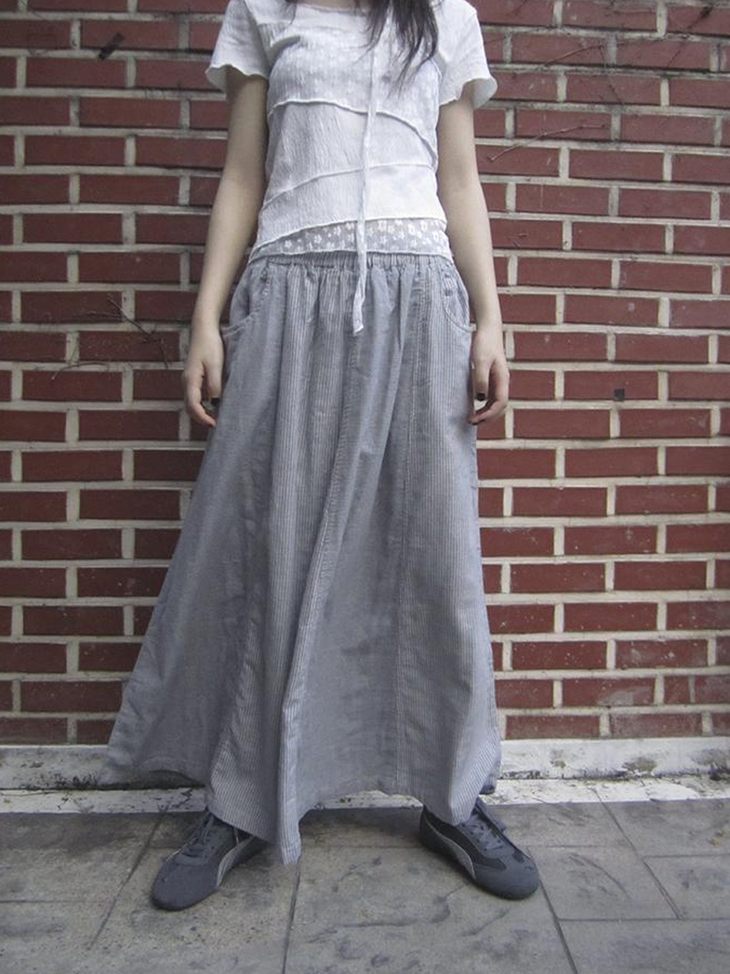 ang project Vintage Stripe Plaid A Line Skirt with Elastic Waist