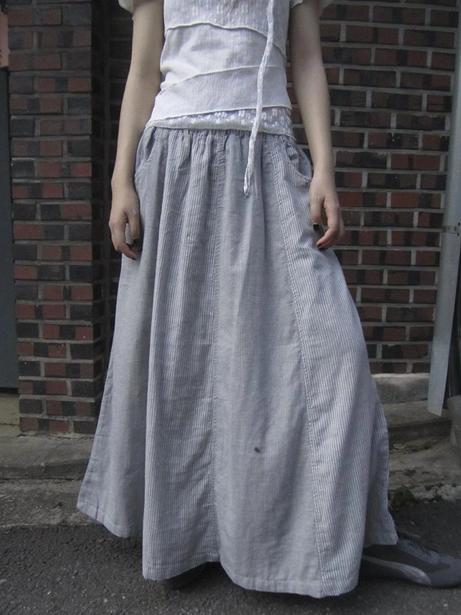 Vintage Stripe Plaid A Line Skirt with Elastic Waist