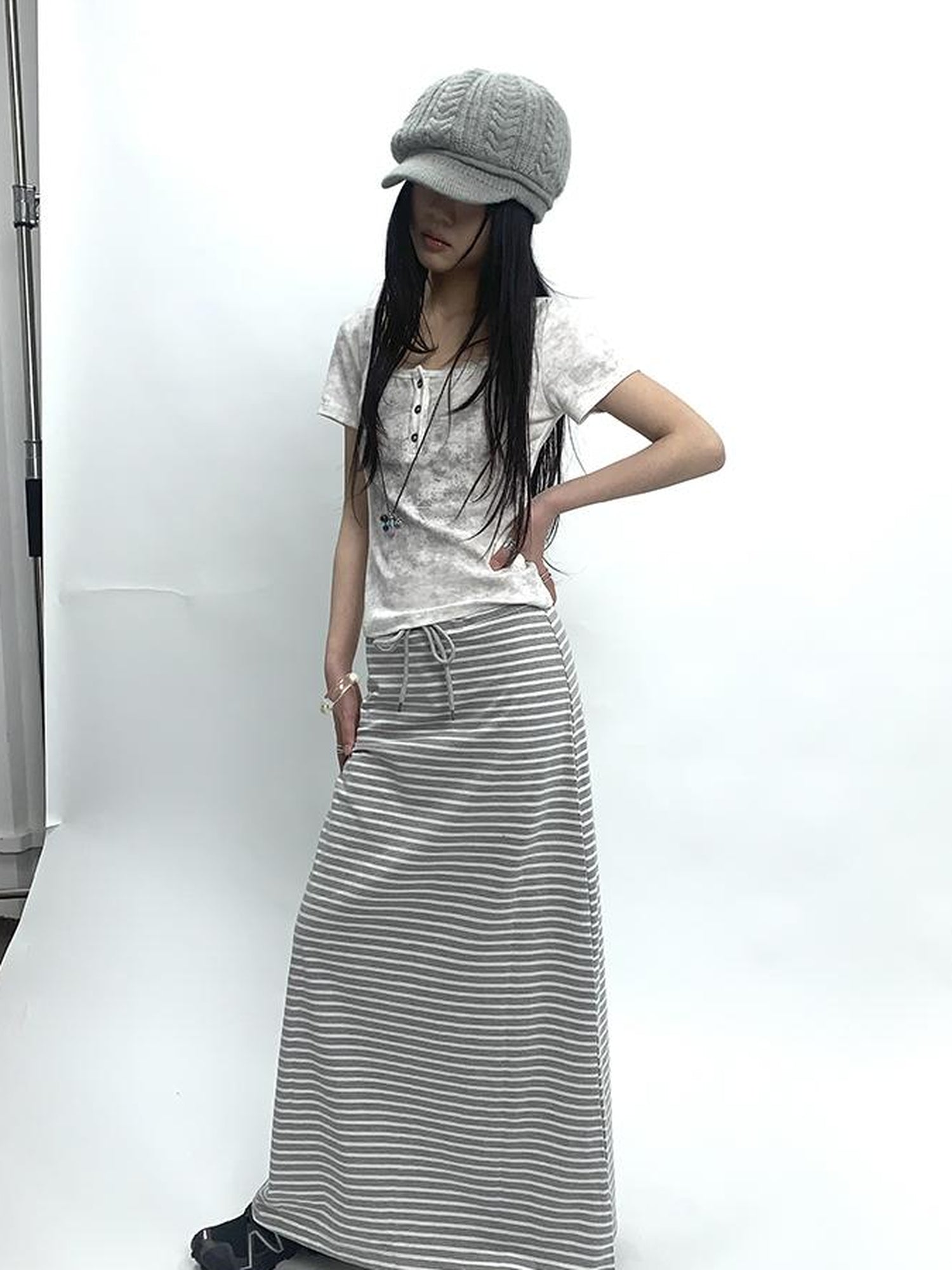 ang project Vintage Striped High Low Hem Bodycon Skirt With Drawstring Waist