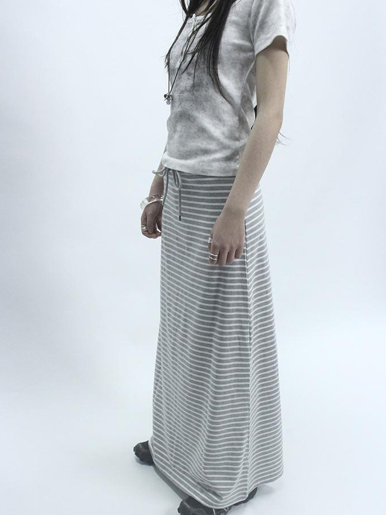 ang project Vintage Striped High Low Hem Bodycon Skirt With Drawstring Waist