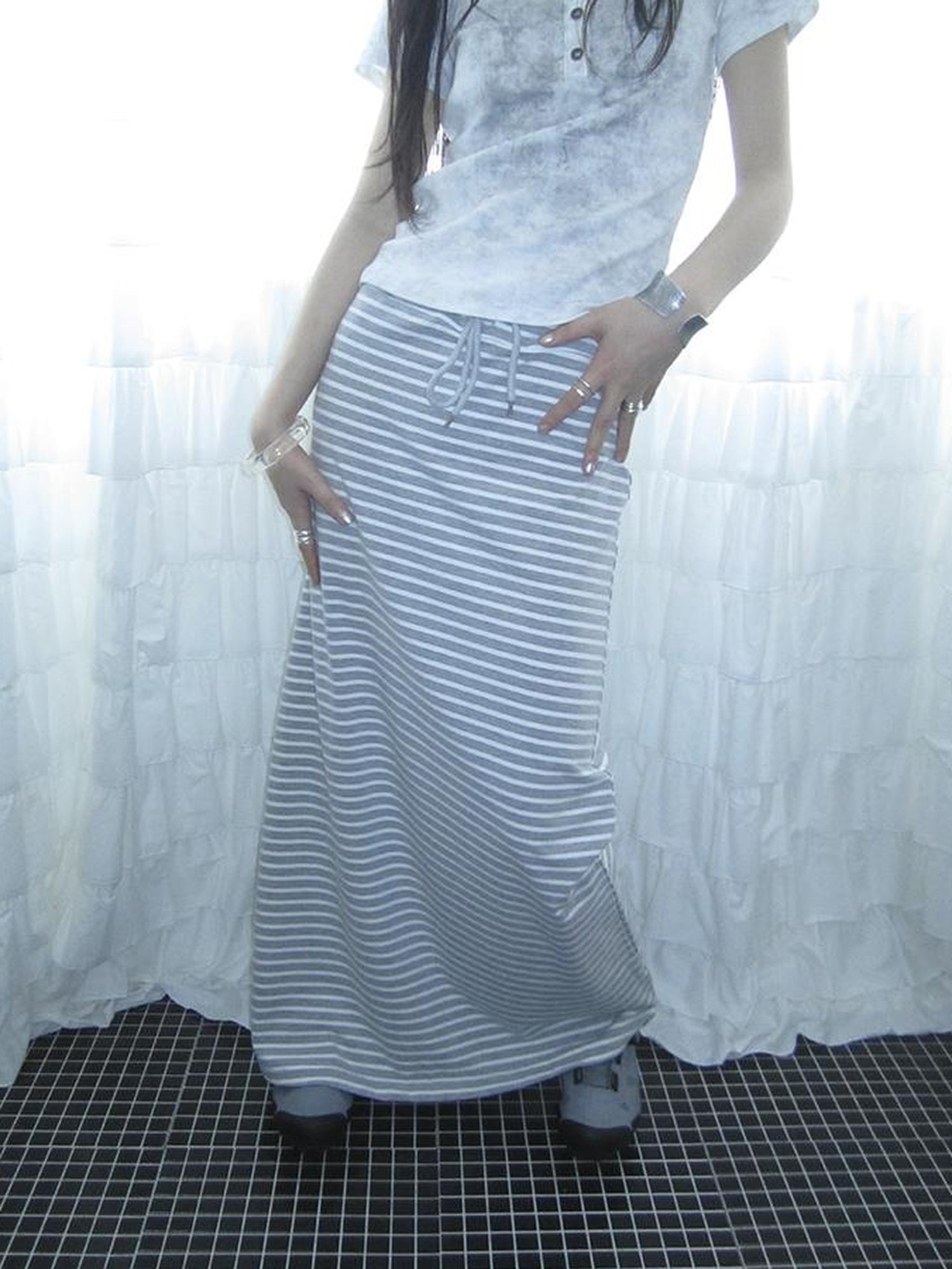 ang project Vintage Striped High Low Hem Bodycon Skirt With Drawstring Waist