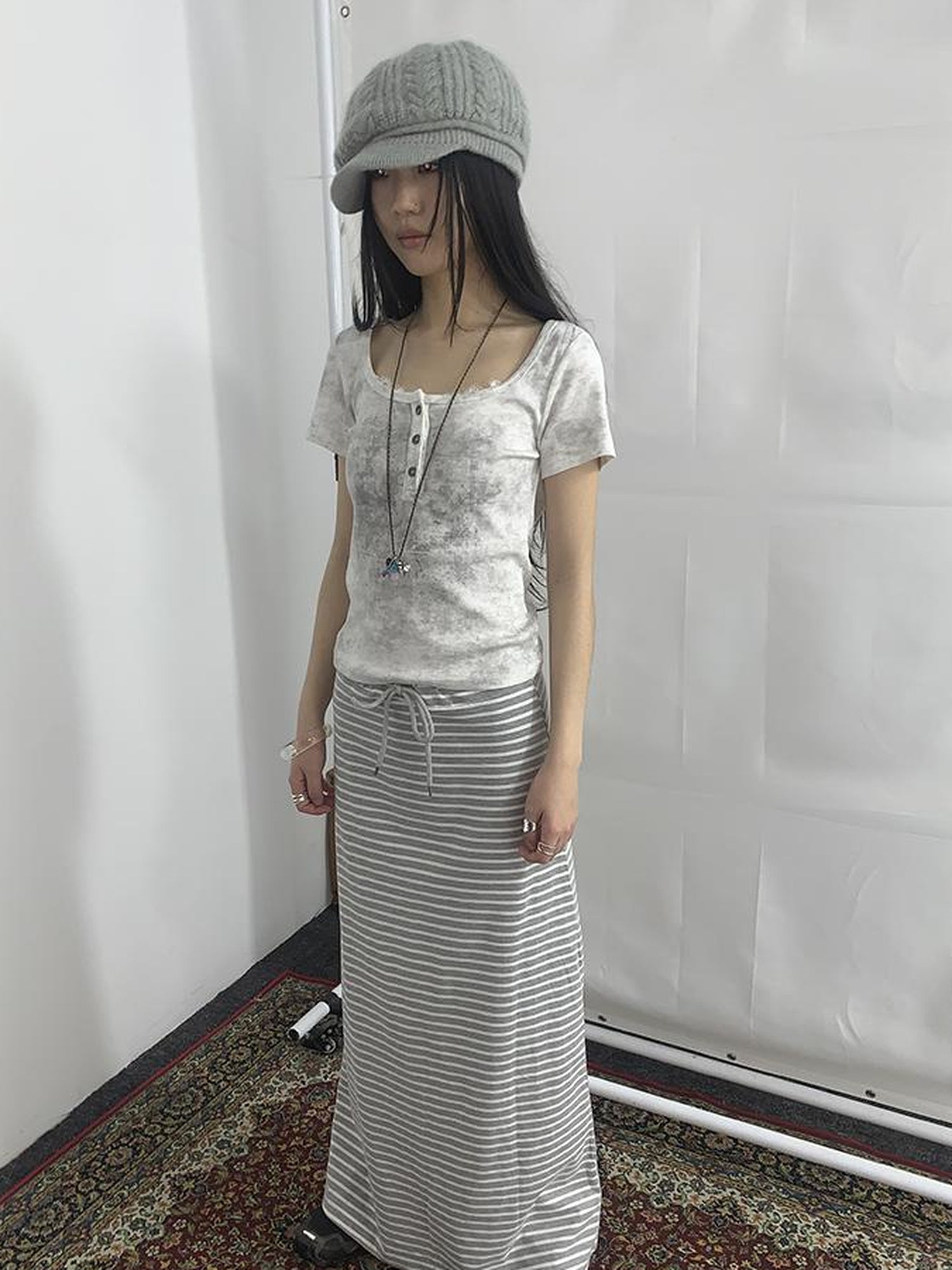 ang project Vintage Striped High Low Hem Bodycon Skirt With Drawstring Waist