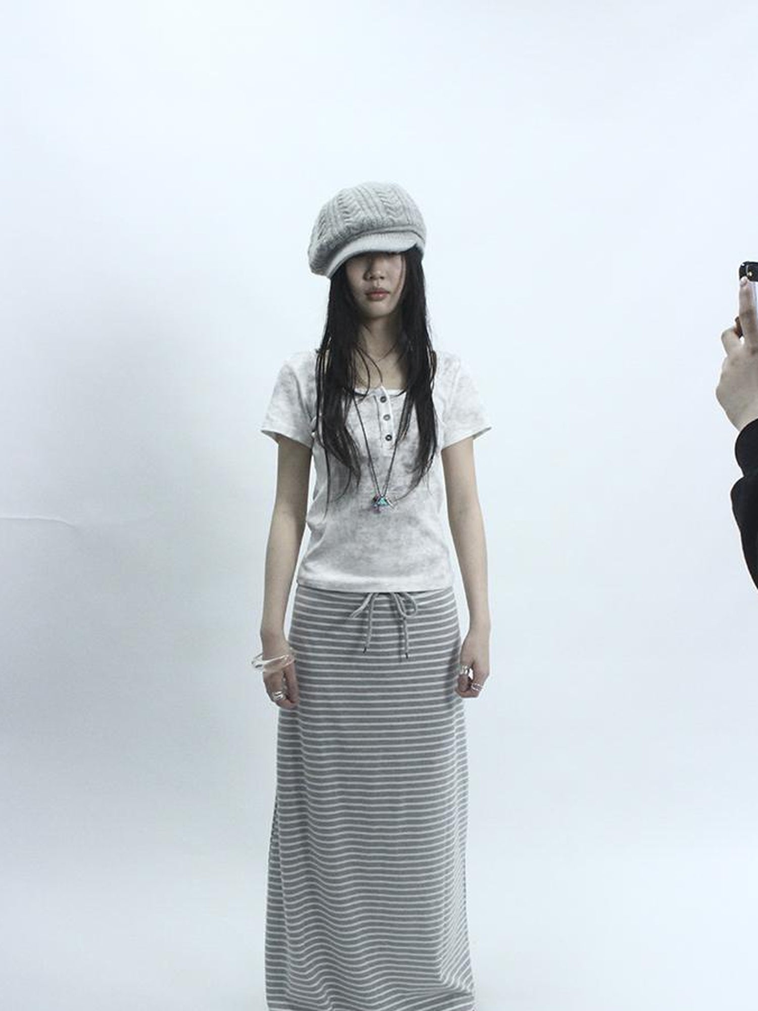 ang project Vintage Striped High Low Hem Bodycon Skirt With Drawstring Waist