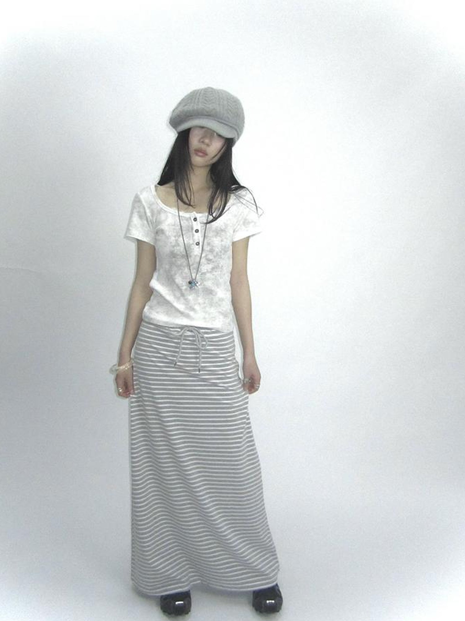 ang project Vintage Striped High Low Hem Bodycon Skirt With Drawstring Waist