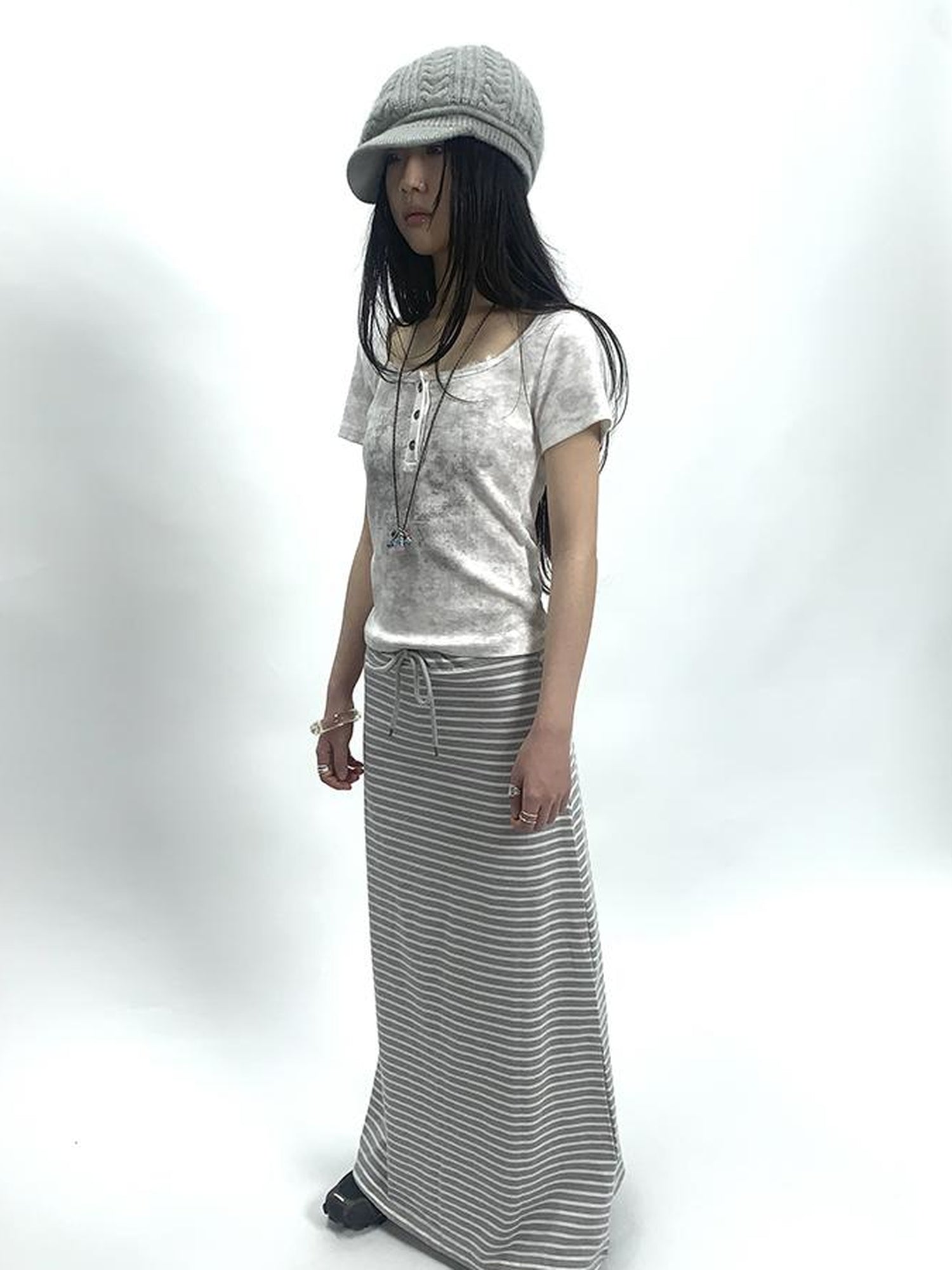 ang project Vintage Striped High Low Hem Bodycon Skirt With Drawstring Waist