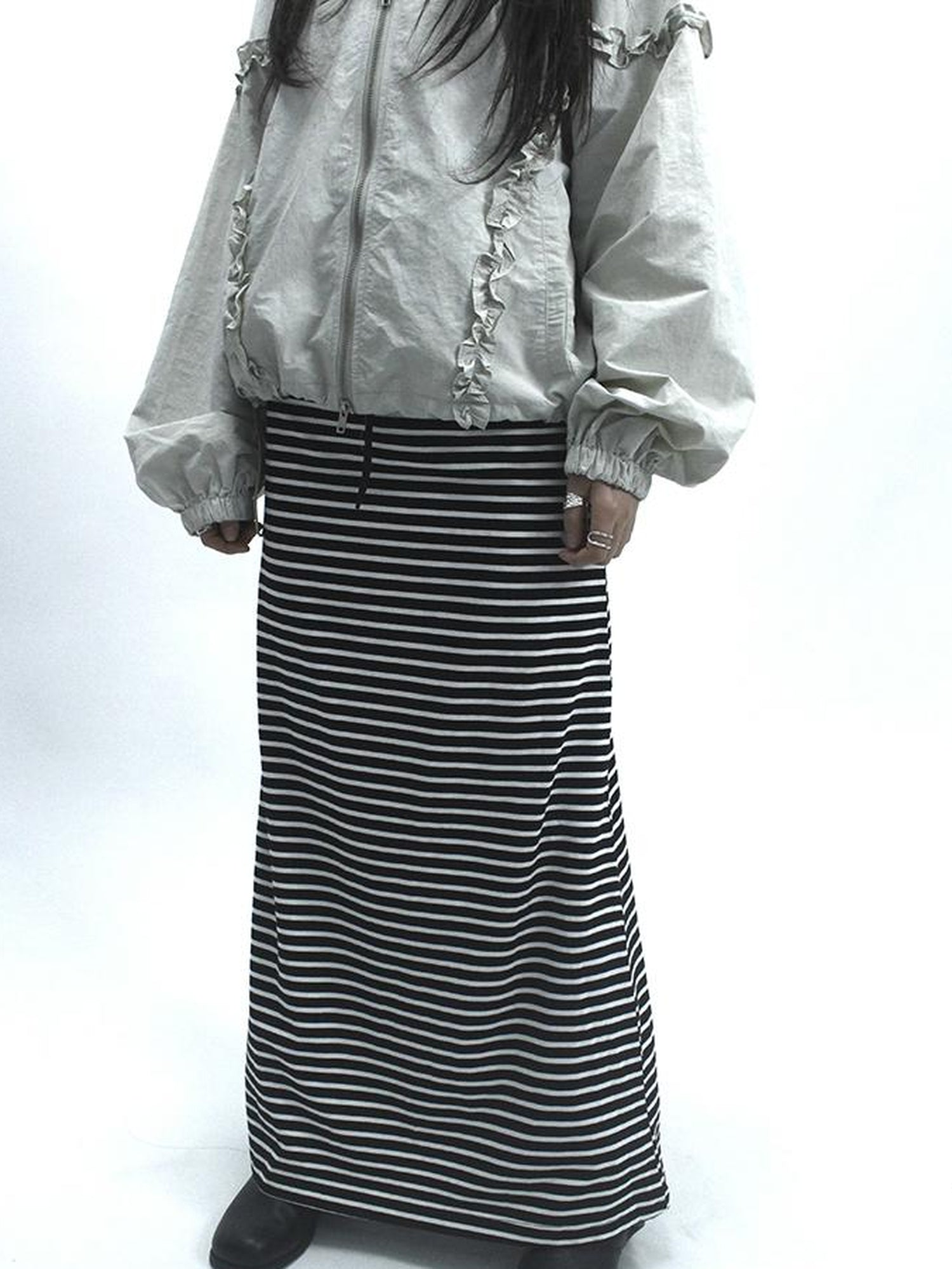 ang project Vintage Striped High Low Hem Bodycon Skirt With Drawstring Waist