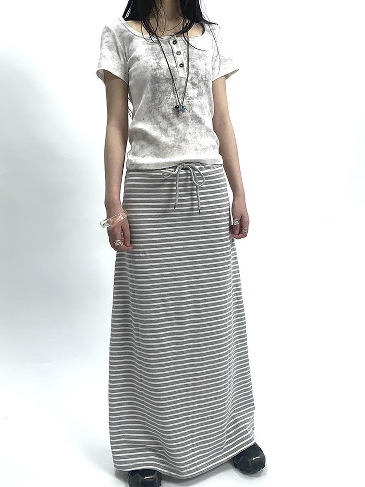 ang project Vintage Striped High Low Hem Bodycon Skirt With Drawstring Waist