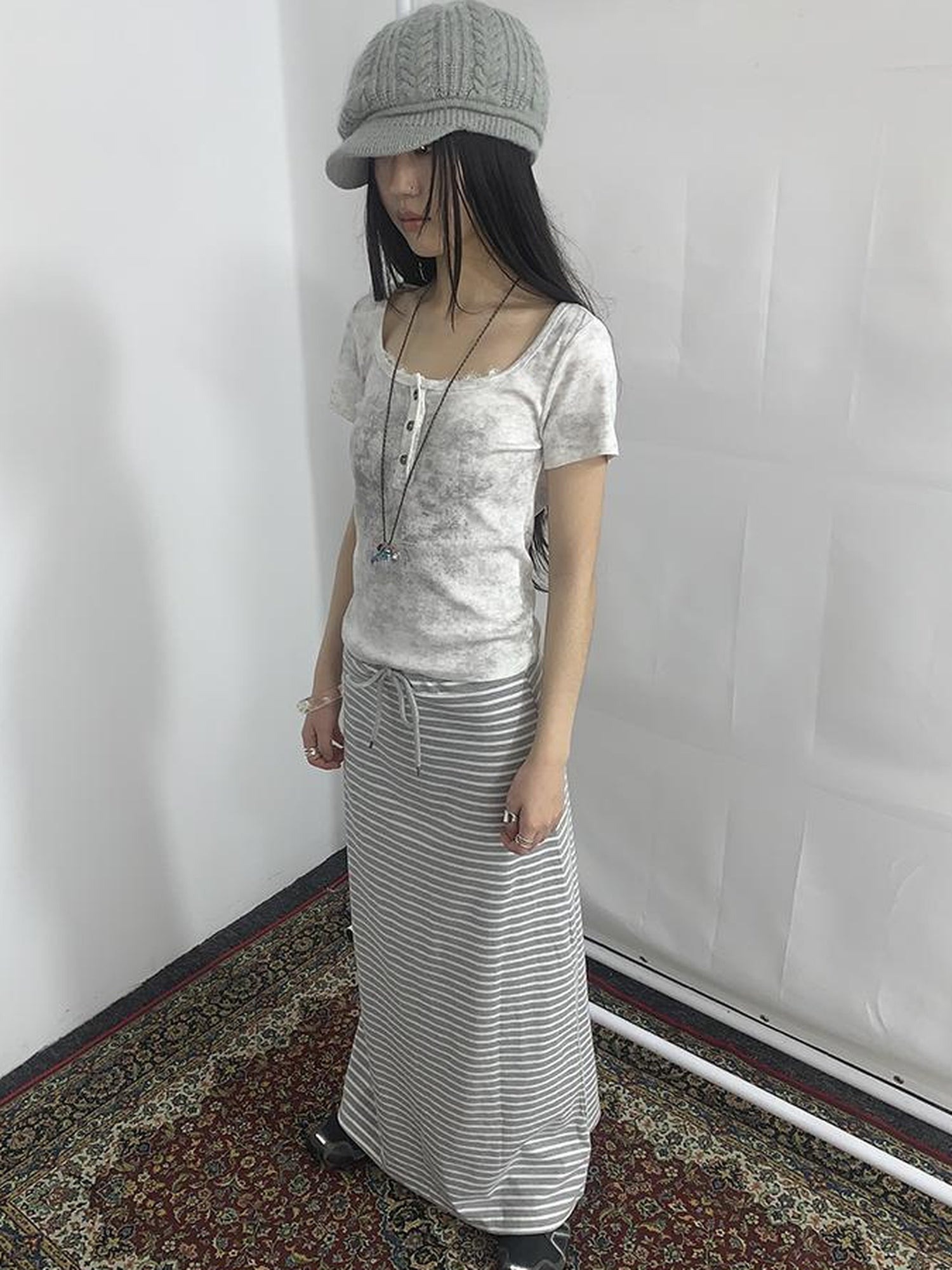 ang project Vintage Striped High Low Hem Bodycon Skirt With Drawstring Waist