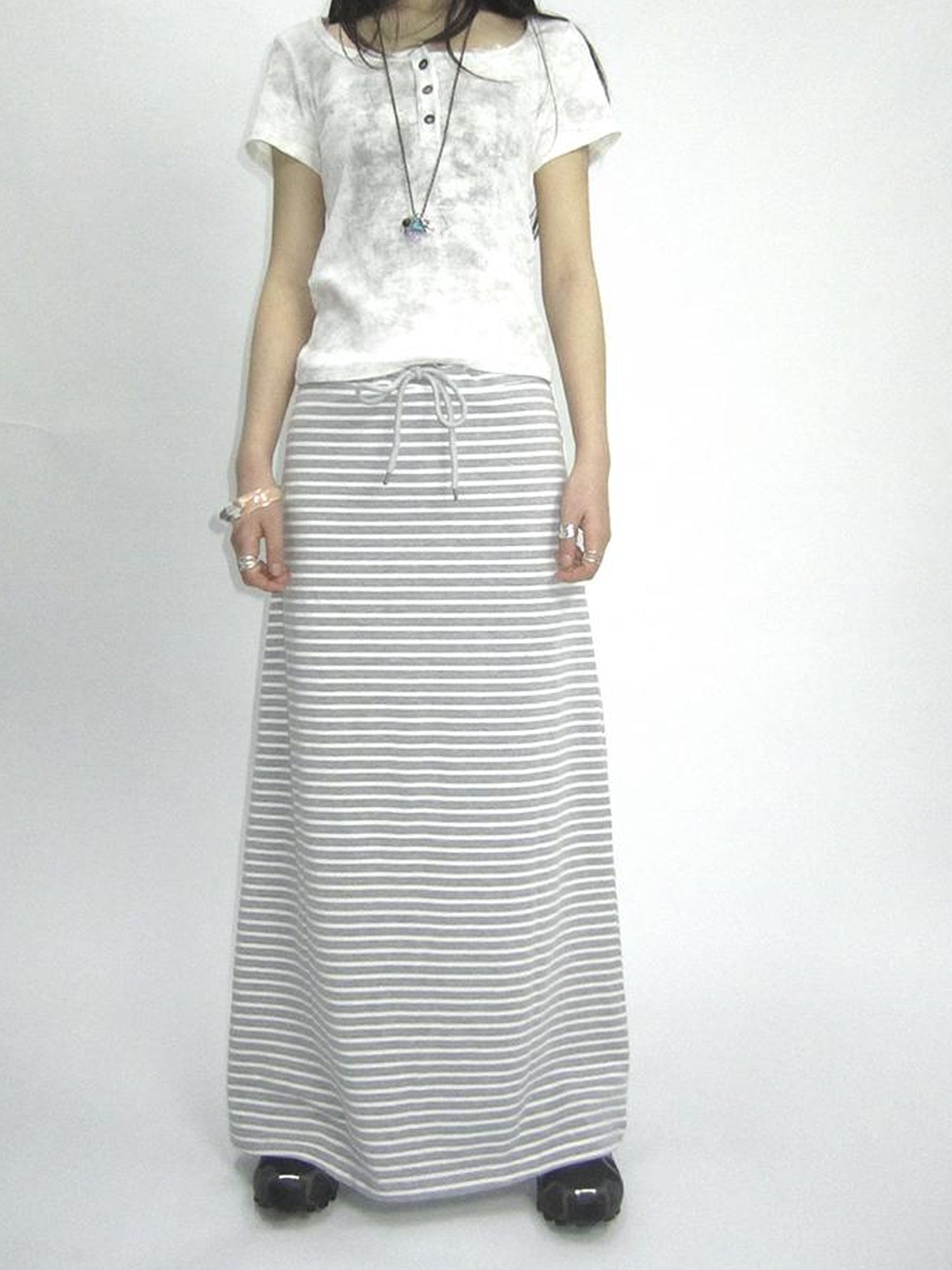 ang project Vintage Striped High Low Hem Bodycon Skirt With Drawstring Waist