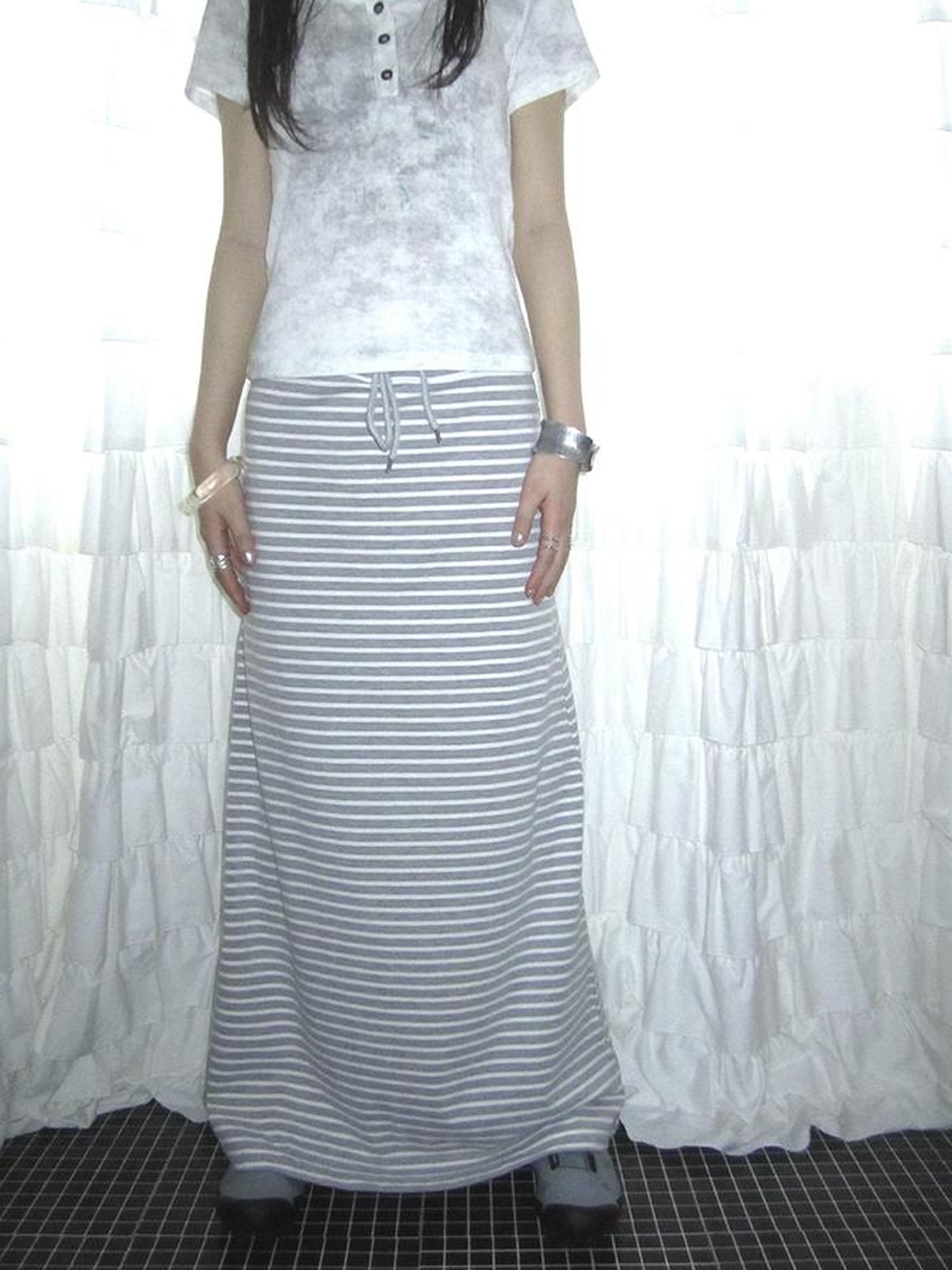 ang project Vintage Striped High Low Hem Bodycon Skirt With Drawstring Waist