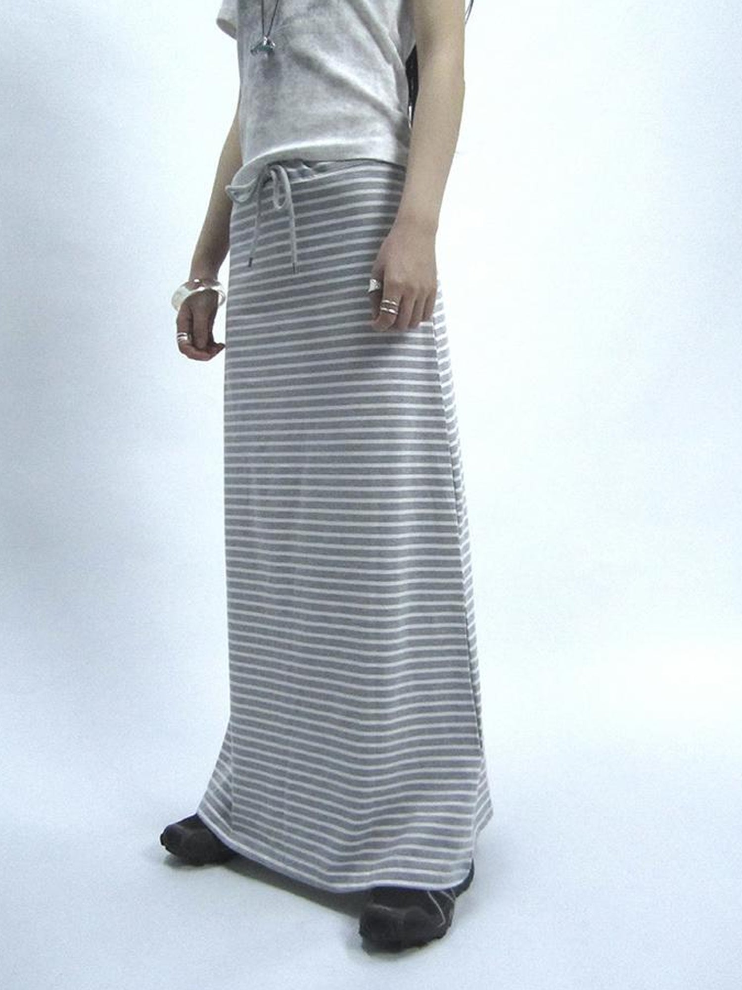 ang project Vintage Striped High Low Hem Bodycon Skirt With Drawstring Waist