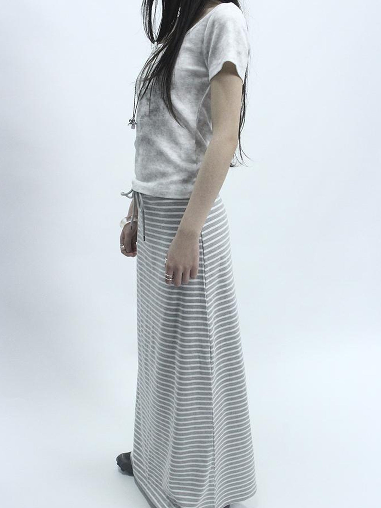 ang project Vintage Striped High Low Hem Bodycon Skirt With Drawstring Waist