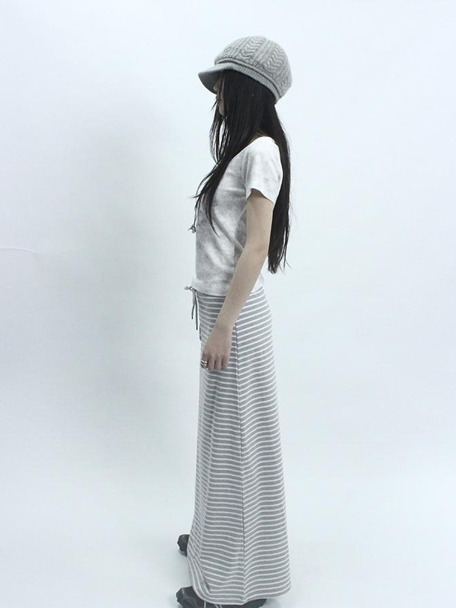 ang project Vintage Striped High Low Hem Bodycon Skirt With Drawstring Waist