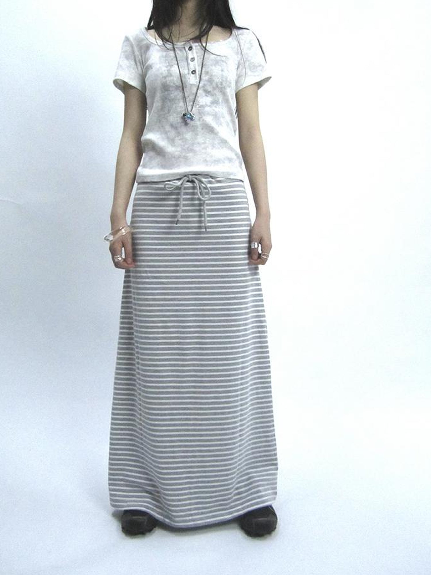 ang project Vintage Striped High Low Hem Bodycon Skirt With Drawstring Waist