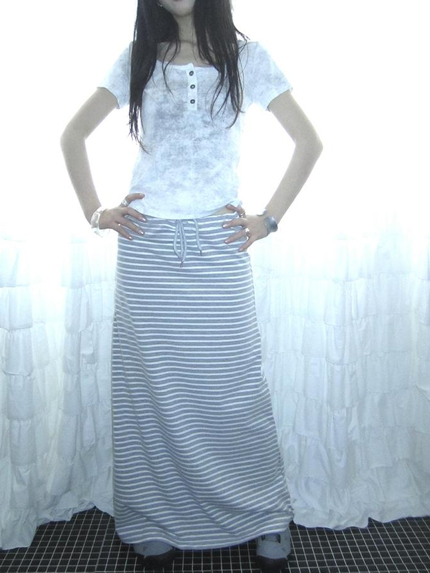 ang project Vintage Striped High Low Hem Bodycon Skirt With Drawstring Waist