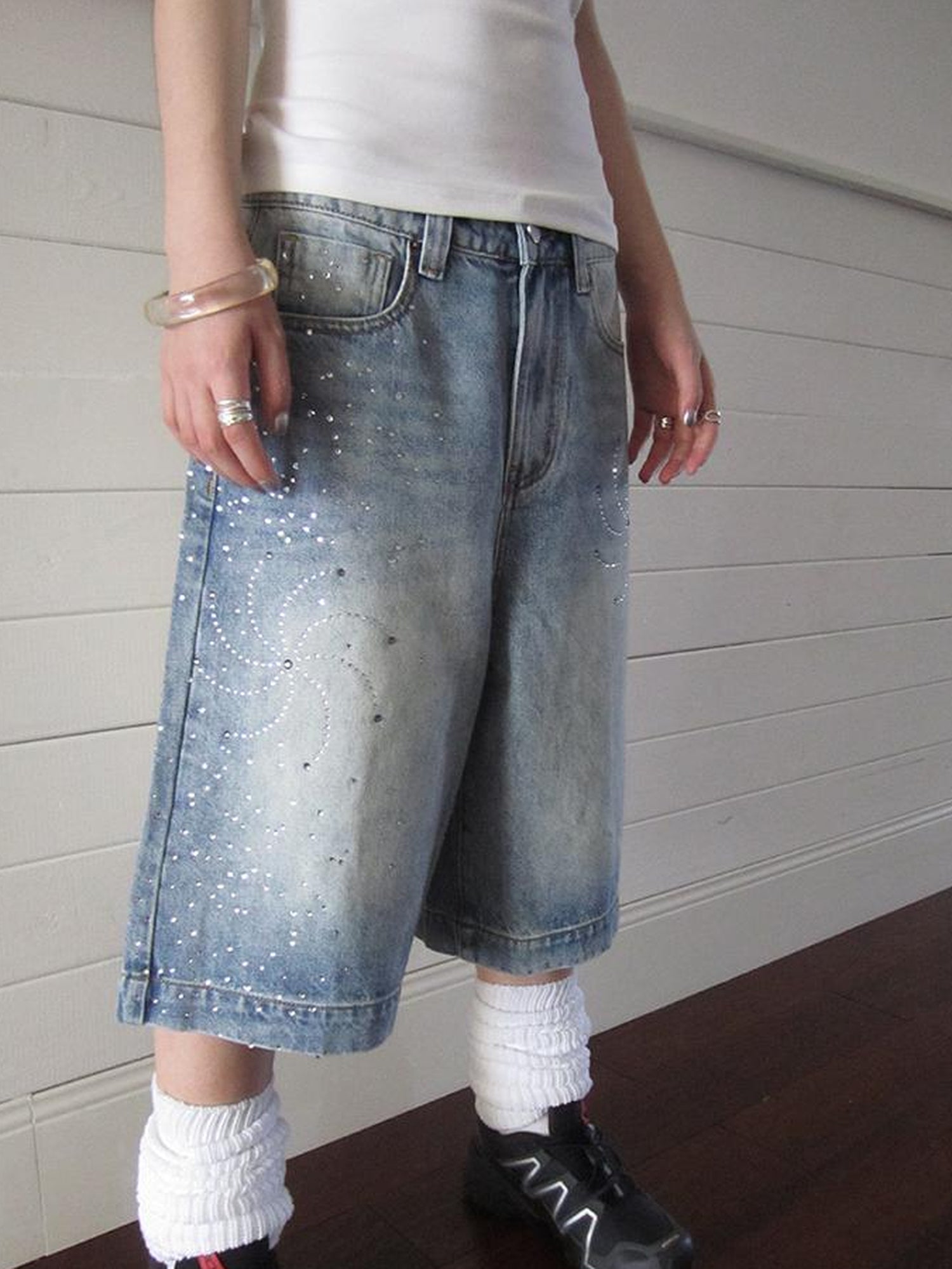 ang project Vintage Summer Distressed Denim Mid Shorts With Rhinestones