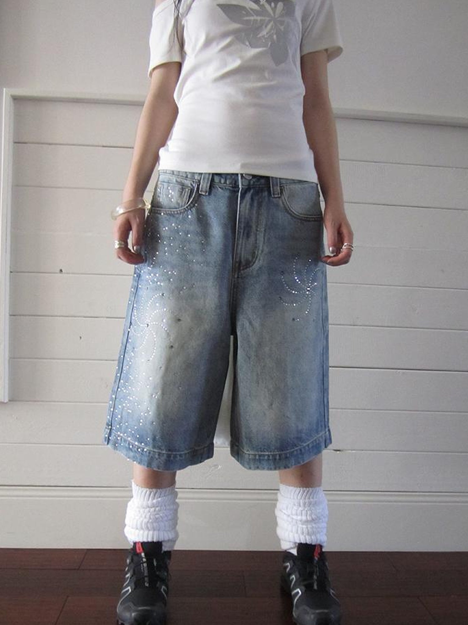 ang project Vintage Summer Distressed Denim Mid Shorts With Rhinestones