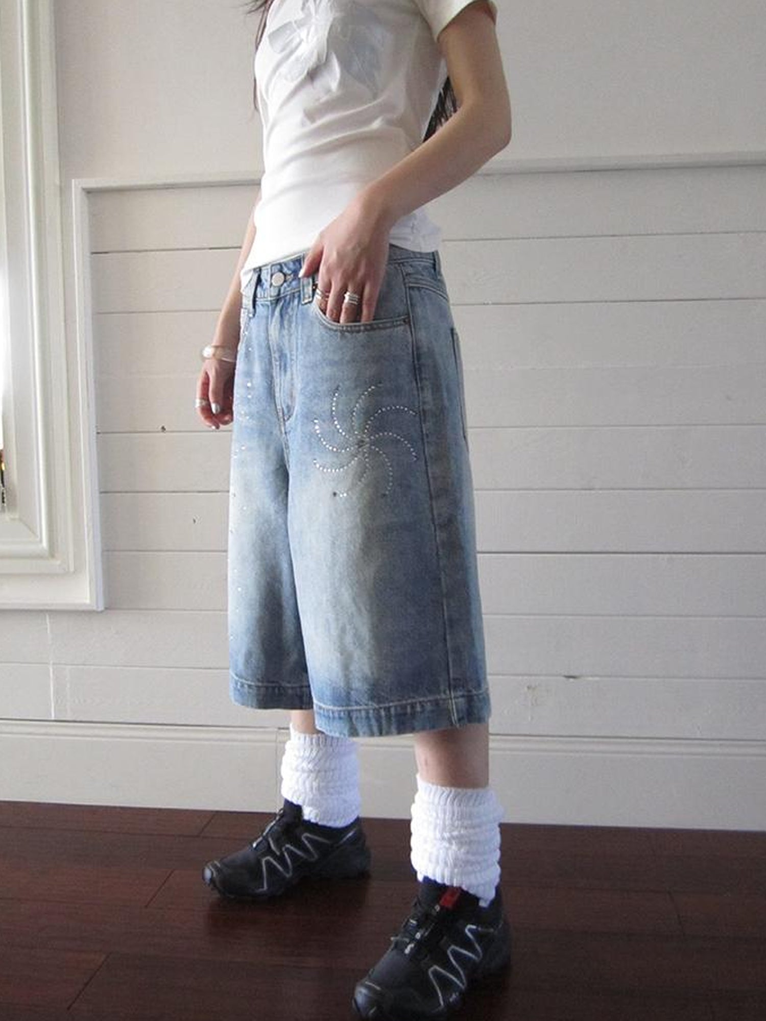 ang project Vintage Summer Distressed Denim Mid Shorts With Rhinestones