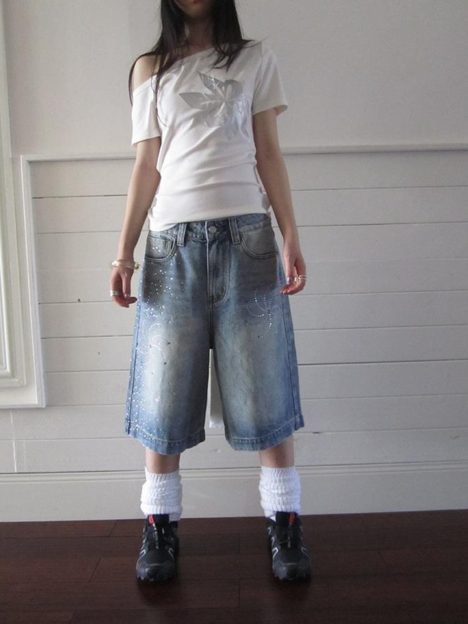 ang project Vintage Summer Distressed Denim Mid Shorts With Rhinestones