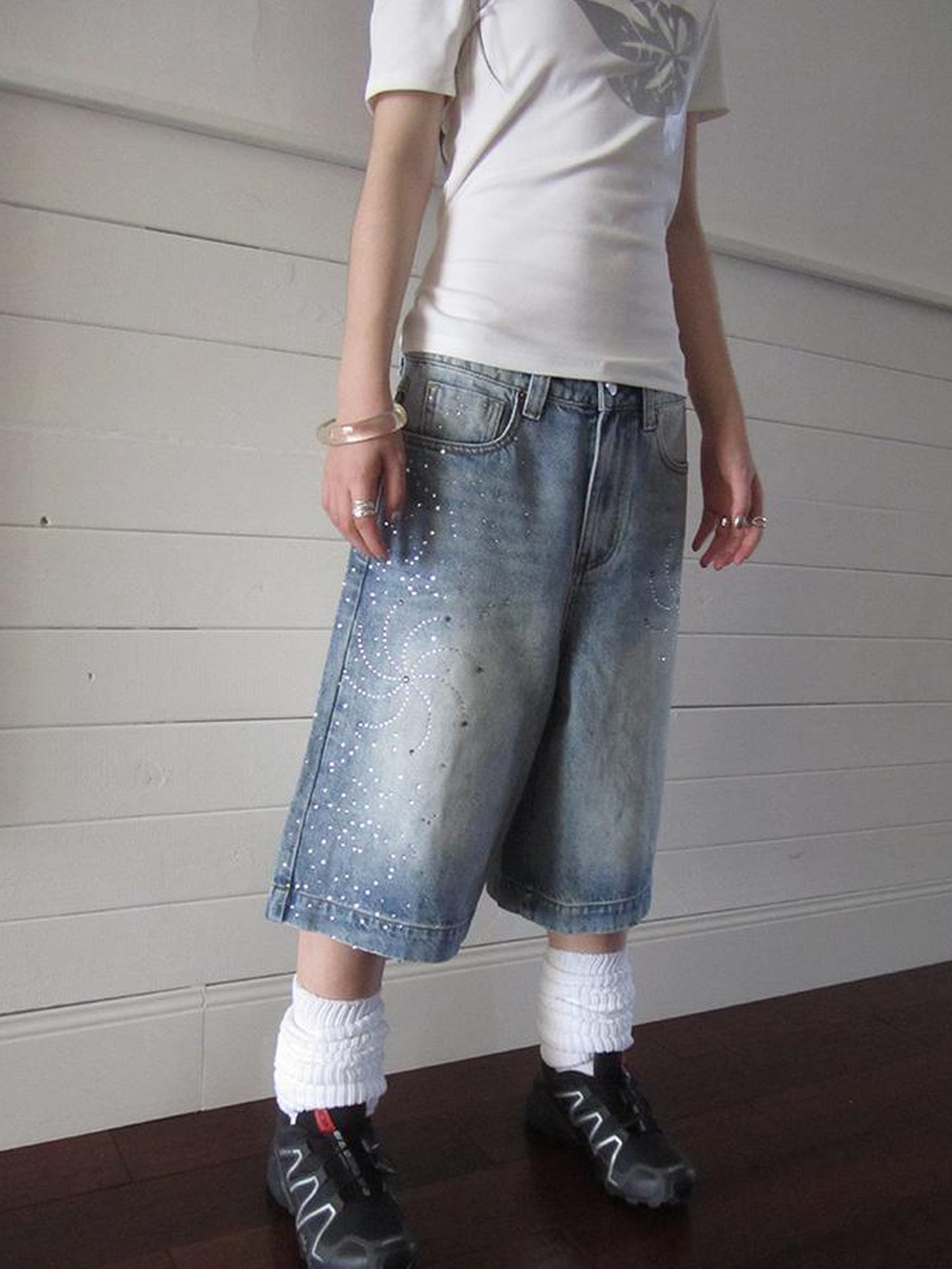 ang project Vintage Summer Distressed Denim Mid Shorts With Rhinestones