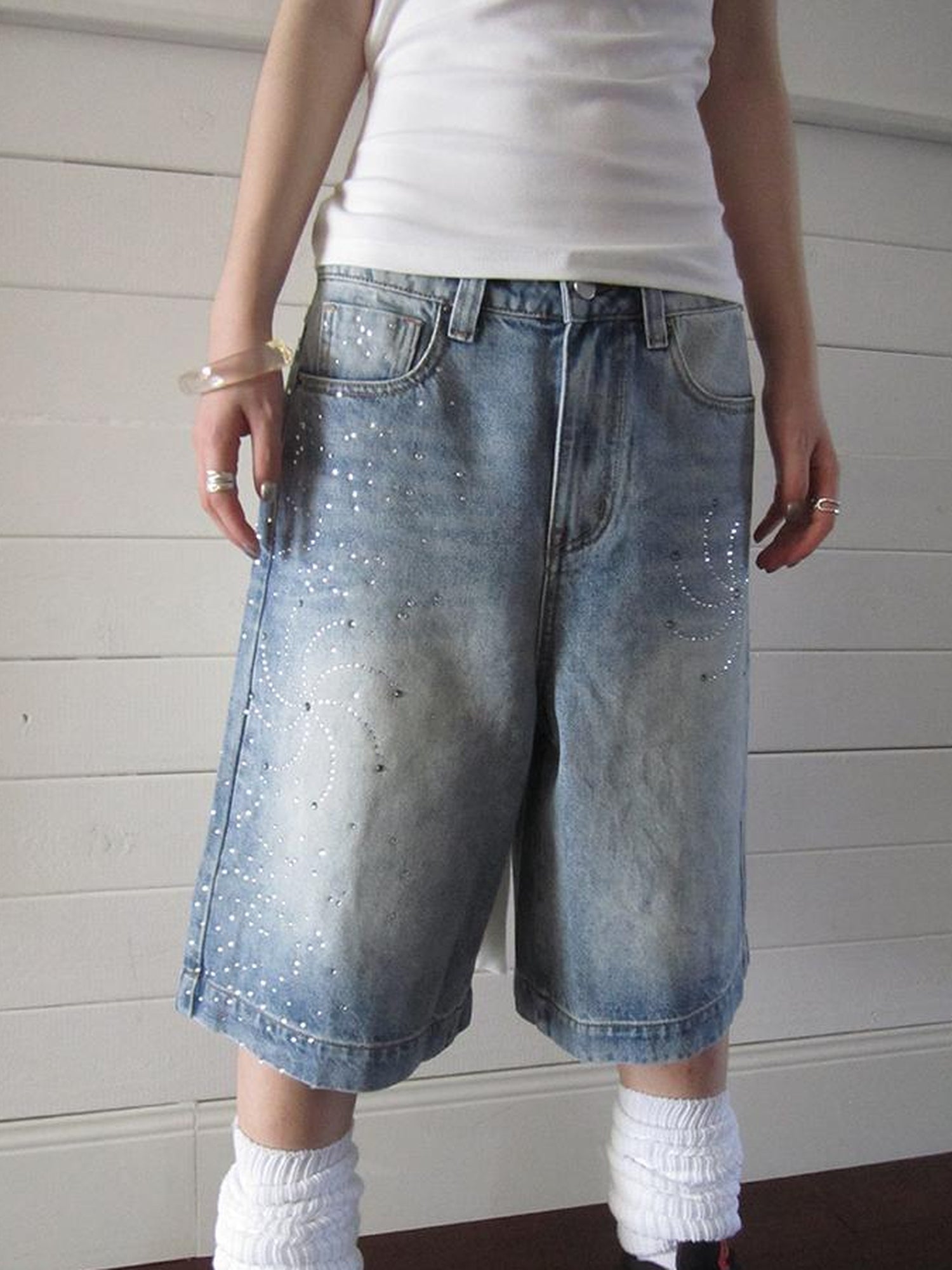 ang project Vintage Summer Distressed Denim Mid Shorts With Rhinestones
