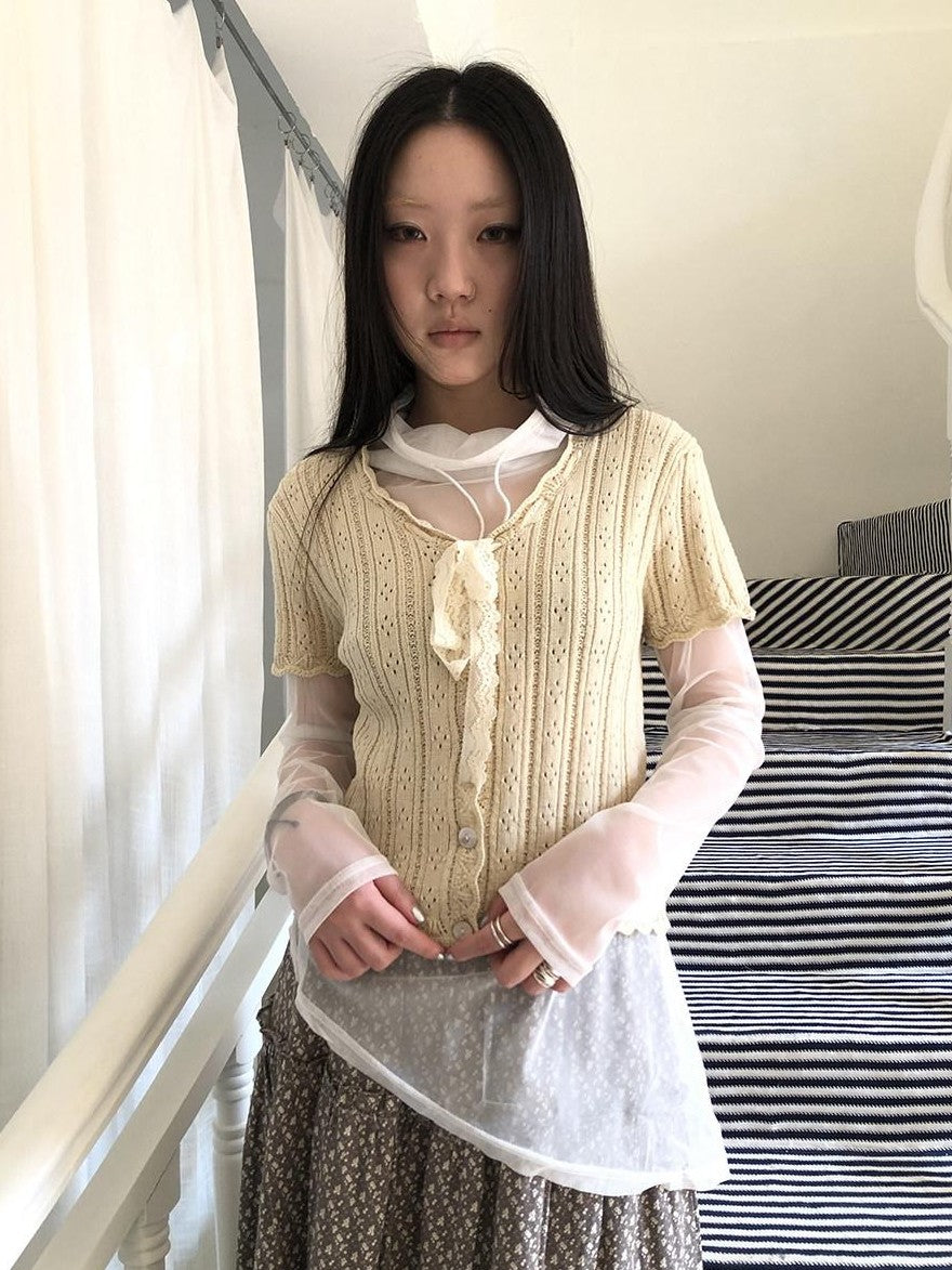 ang project Vintage Sweet V-neck Lace Tie Button Cutout Short Sleeve Women&