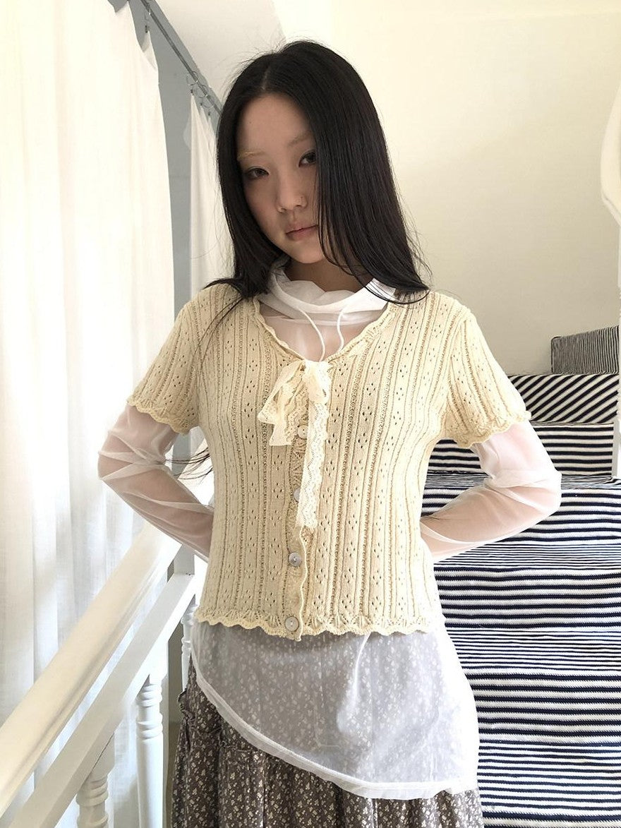 ang project Vintage Sweet V-neck Lace Tie Button Cutout Short Sleeve Women&