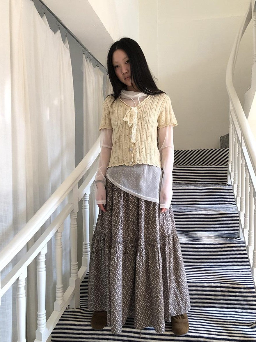 ang project Vintage Sweet V-neck Lace Tie Button Cutout Short Sleeve Women&