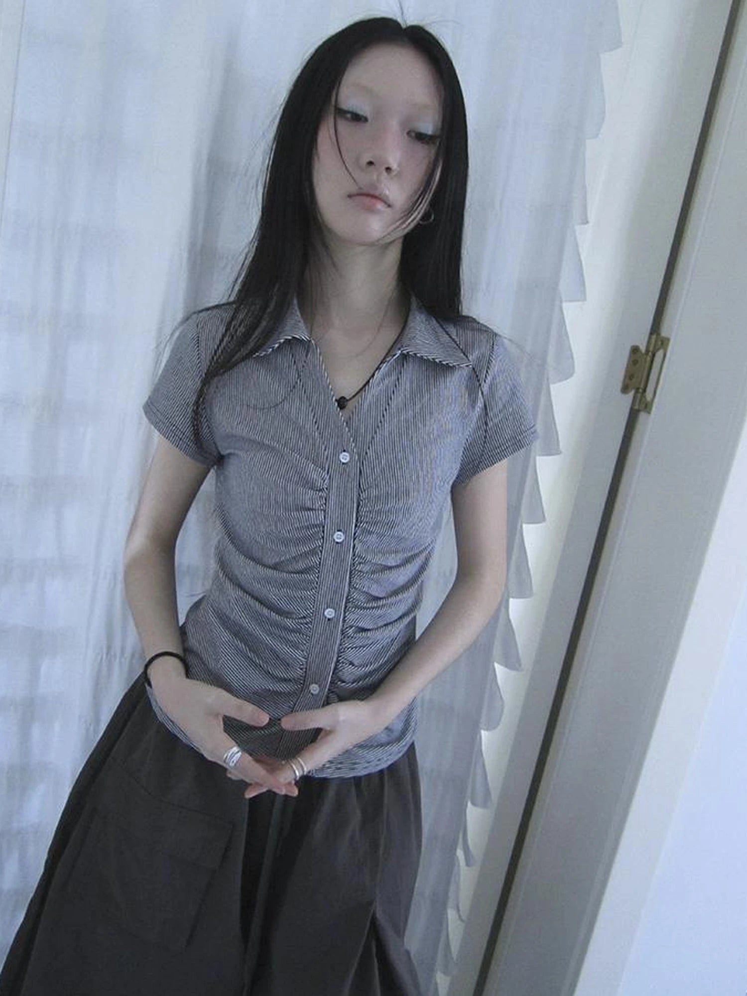 Vintage V-Neck Striped Tee With Pleated Detail