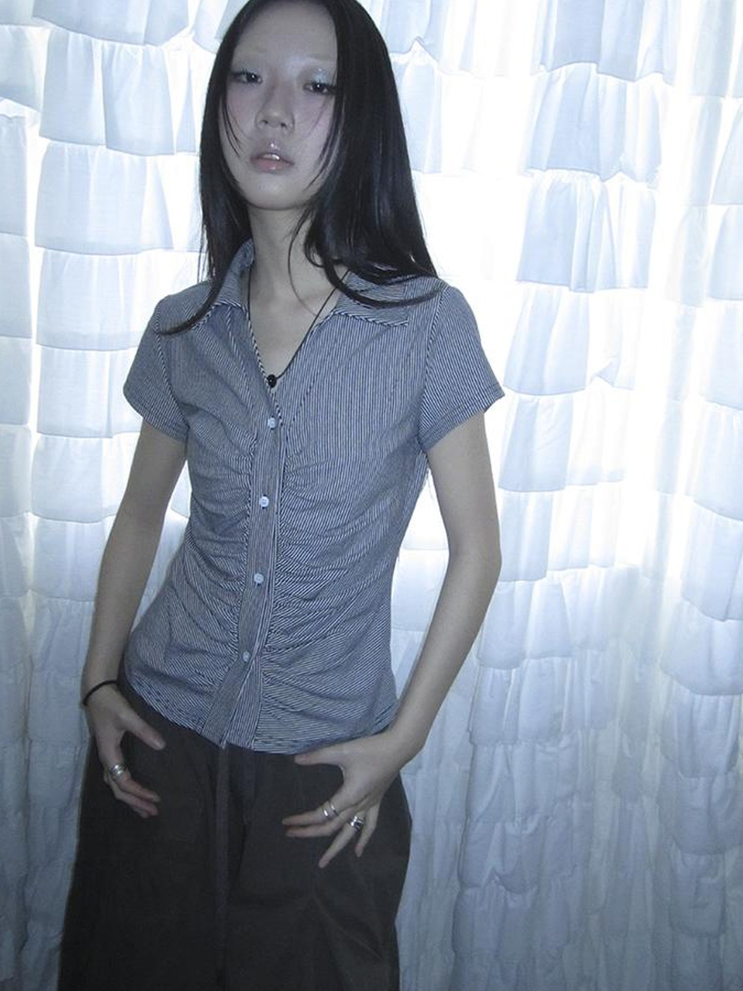 Updateang project Vintage V-Neck Striped Tee With Pleated Detail