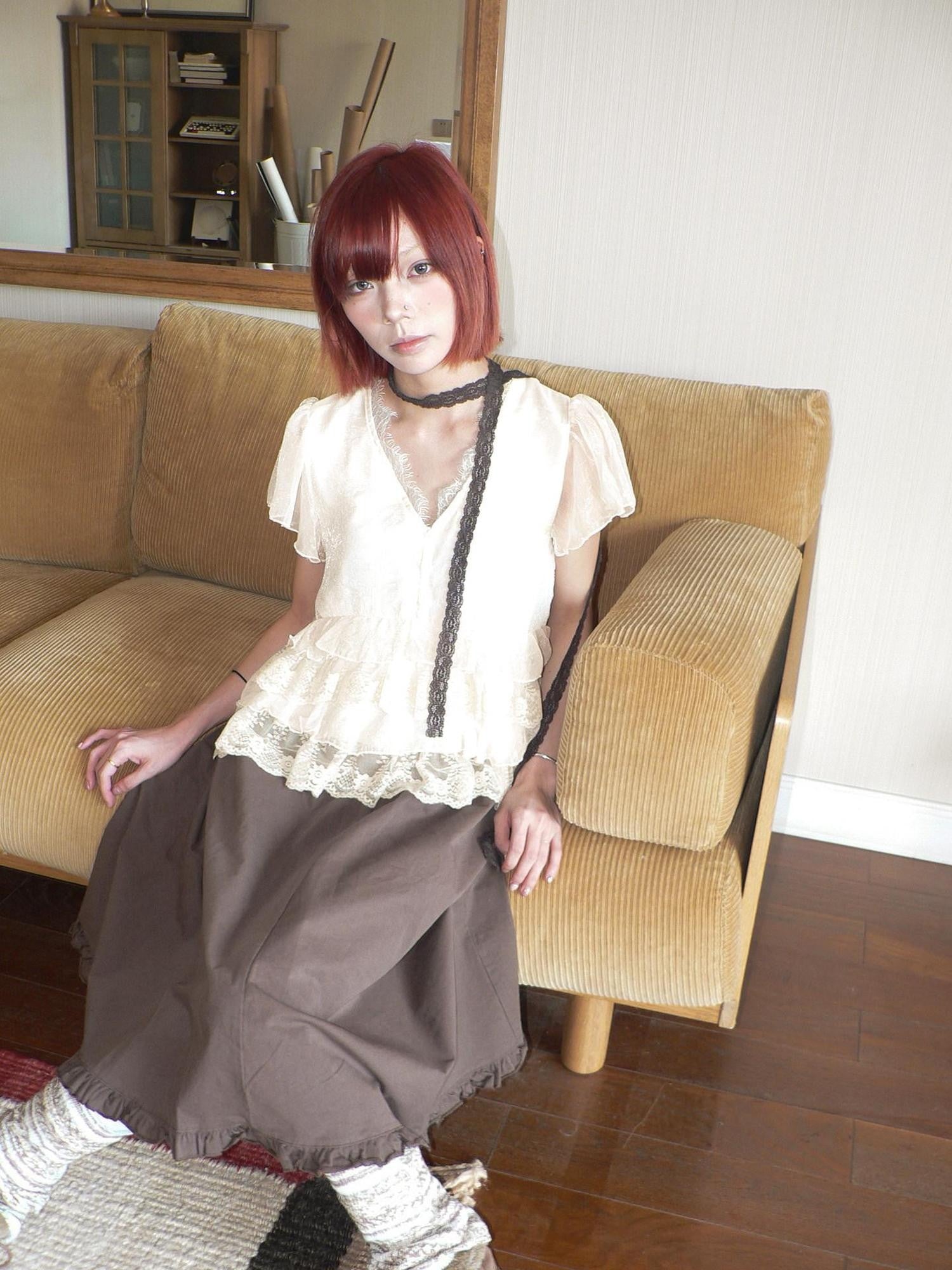 ang project Vintage V-neck Spliced Lace Ruffle Women&