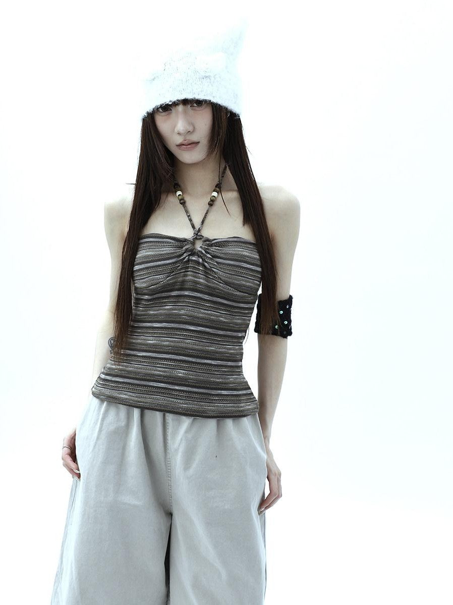 ang project Vintage Variegated Stripe Padded V-neck Halter Women&
