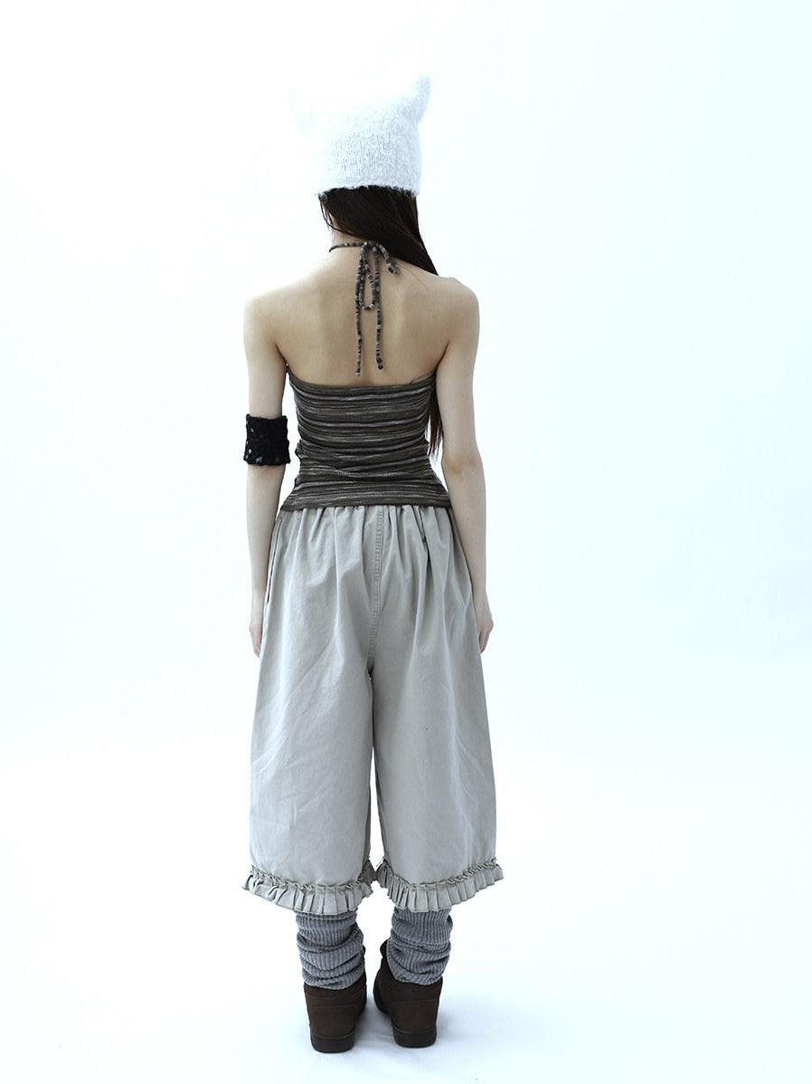 ang project Vintage Variegated Stripe Padded V-neck Halter Women&