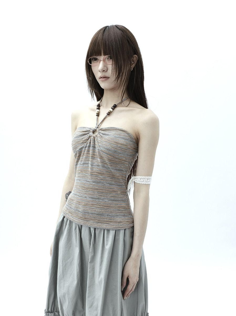 ang project Vintage Variegated Stripe Padded V-neck Halter Women&