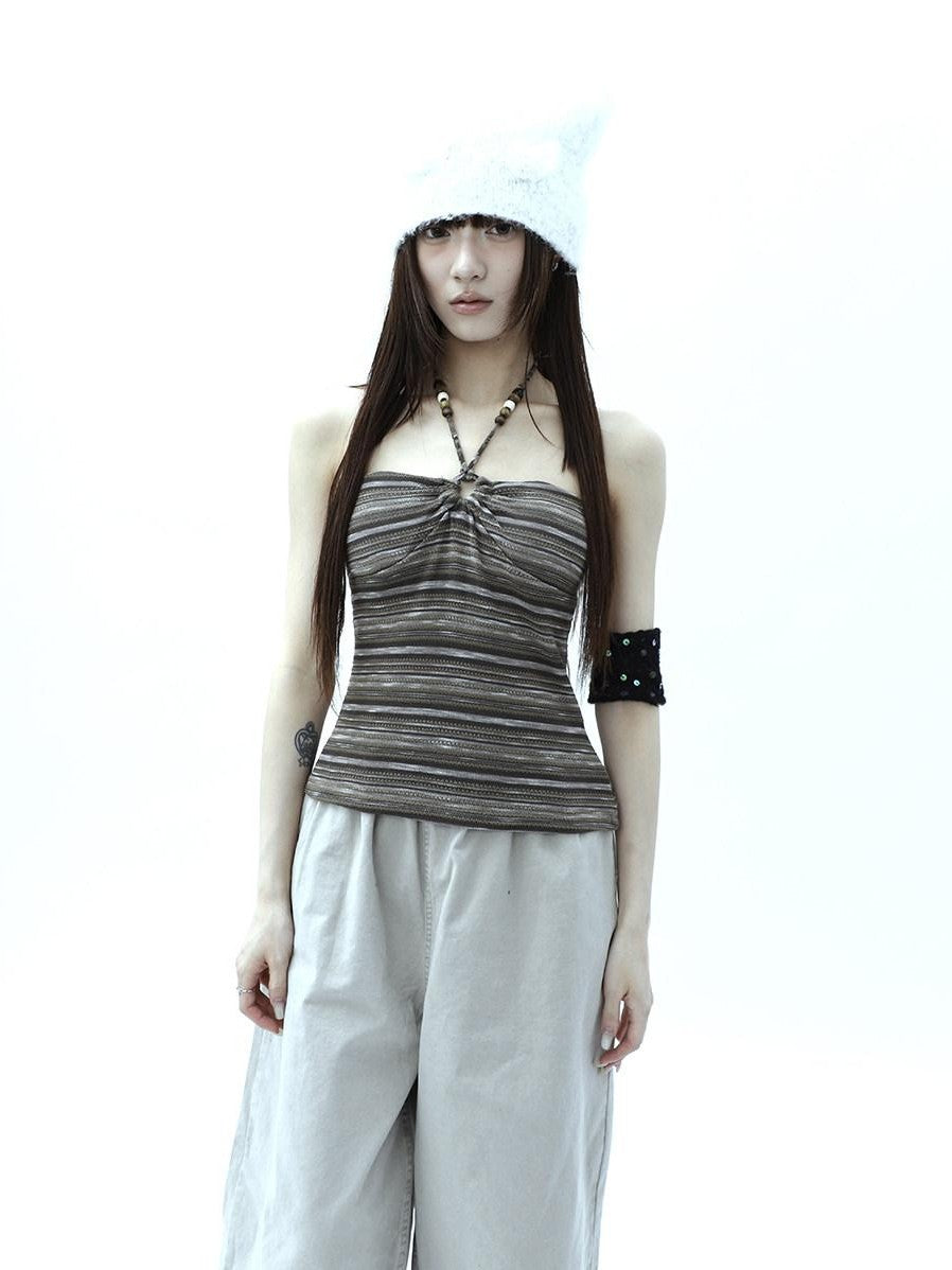 ang project Vintage Variegated Stripe Padded V-neck Halter Women&