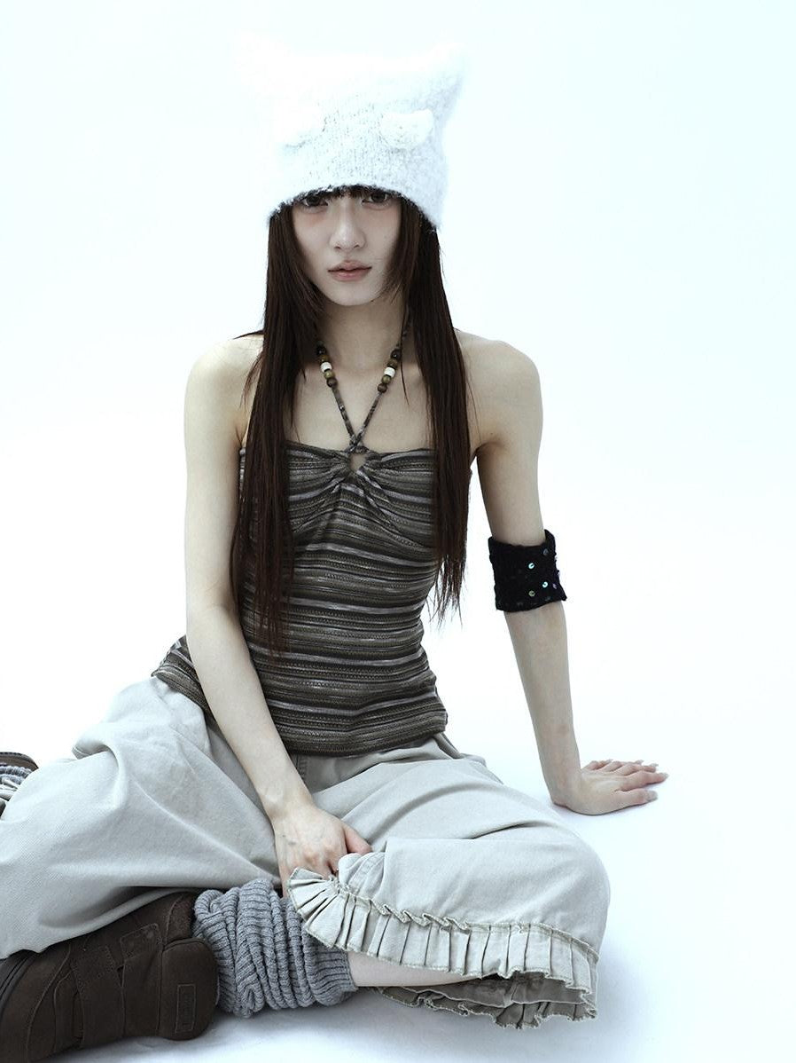ang project Vintage Variegated Stripe Padded V-neck Halter Women&