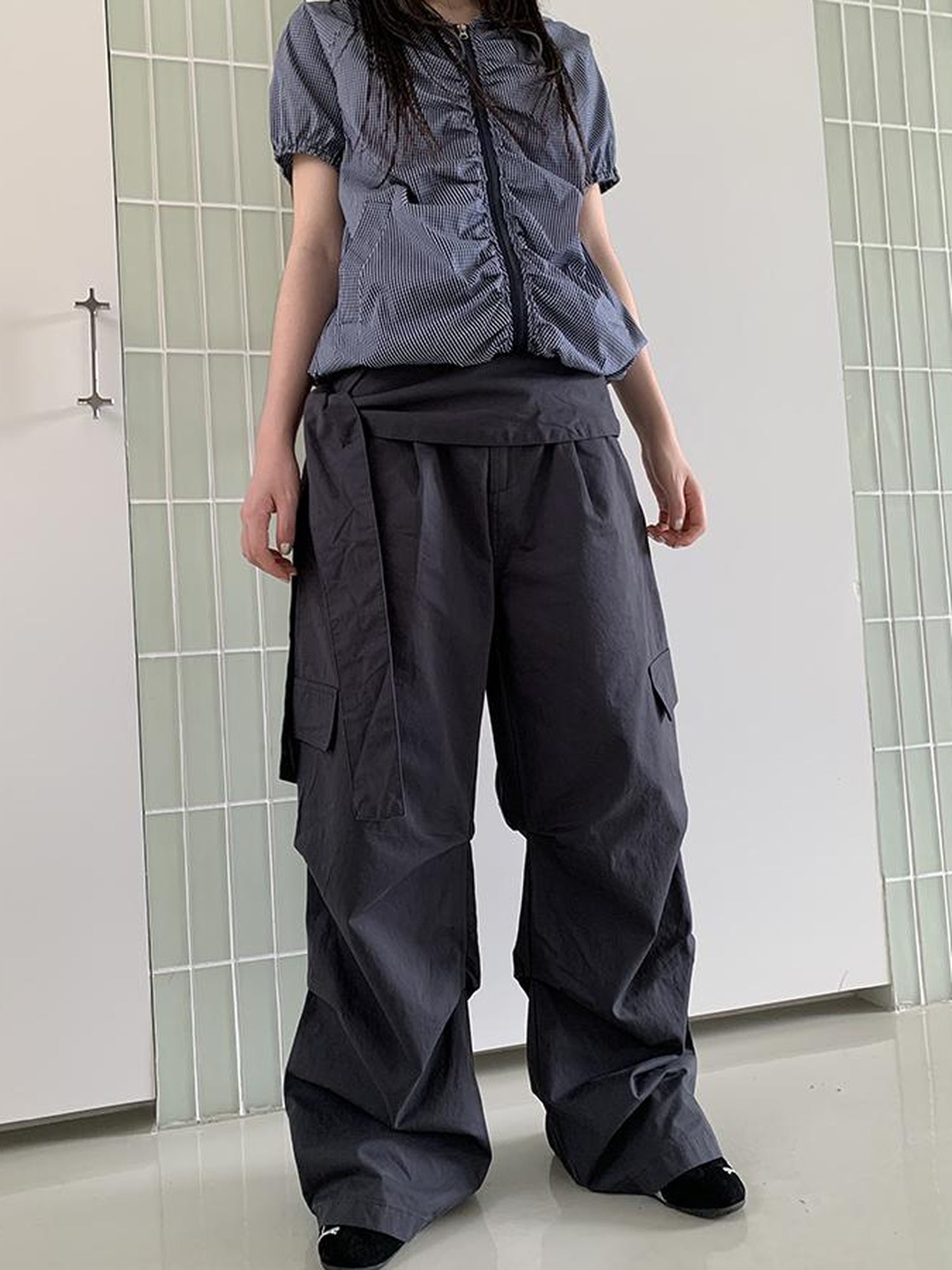 ang project Vintage Waist Tie Pleated High Waist Wide Leg Workwear Pants Set